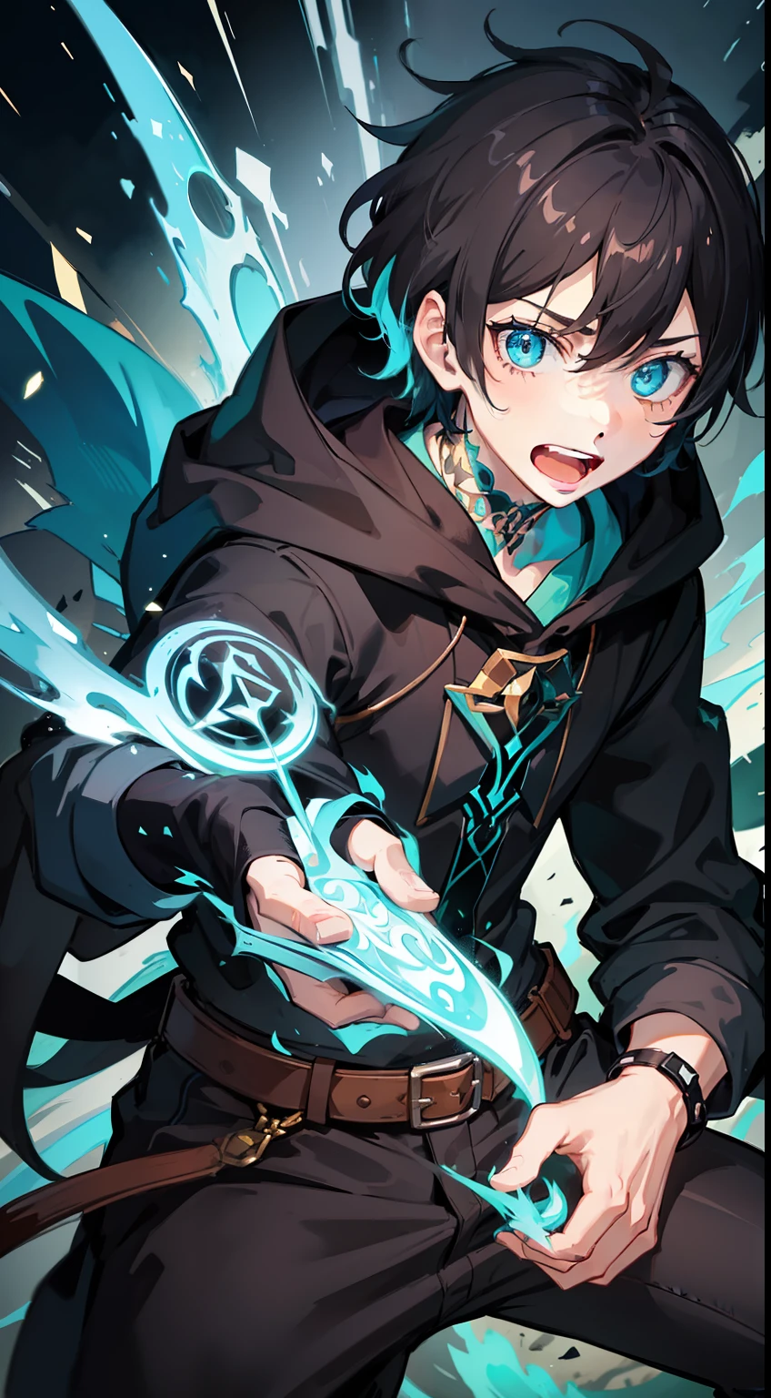 Young guy, short black hair, Cyan eyes, The Dark Wizard's Uncovered Mantle, green fire, Tatoo, Runes, combat stance, Crazy laughter, Masterpiece, hiquality