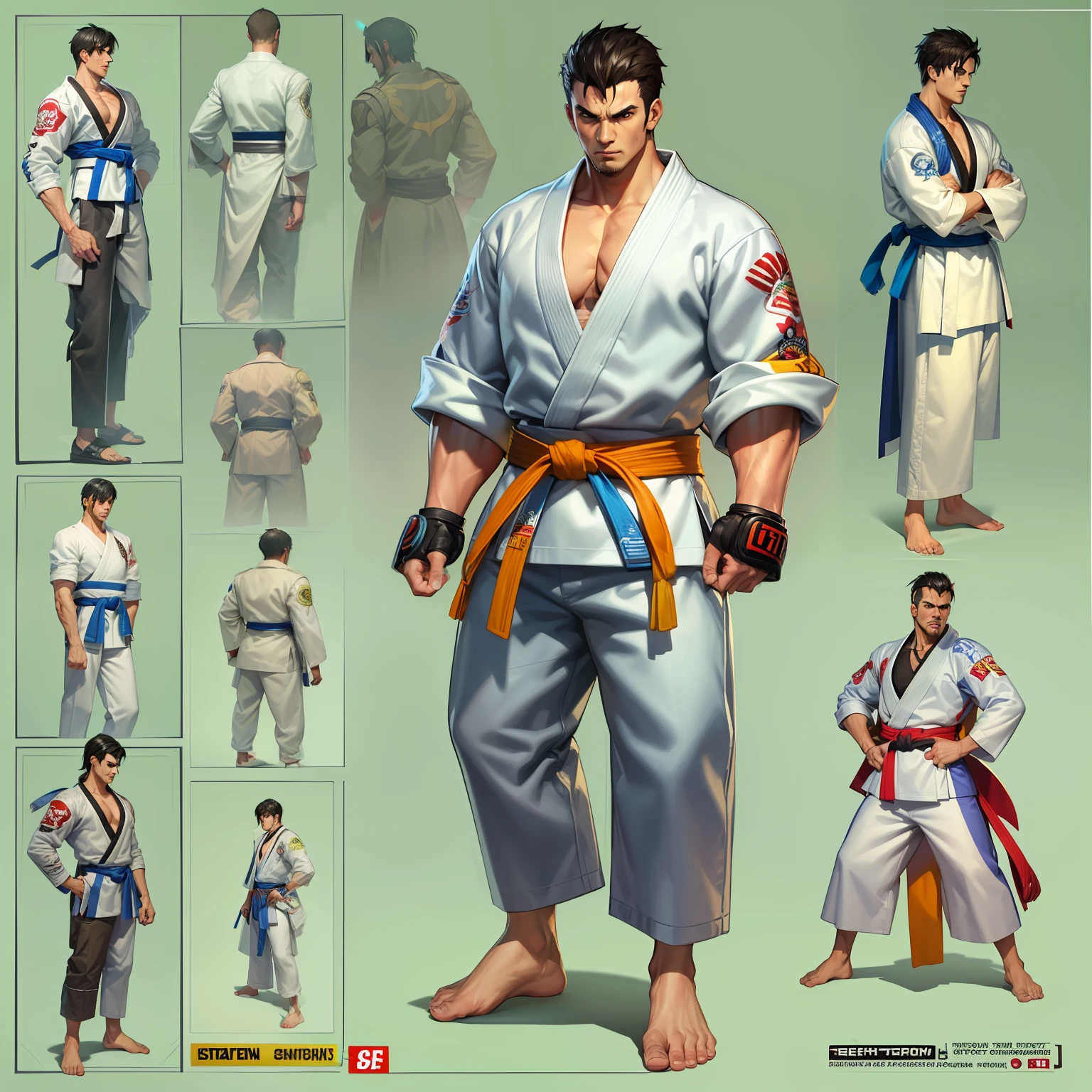 1 Personagem para jogo de luta estilo Street Fighter, King of Fighters, Tekken, Virtua Fighter. 1Lutador homem, 1 personagem, Cicatrizes, pose de luta, jiu jitsu, homem jiu jitsu, roupa kimono jiu-jitsu, roupa moderna, cyberpunk.