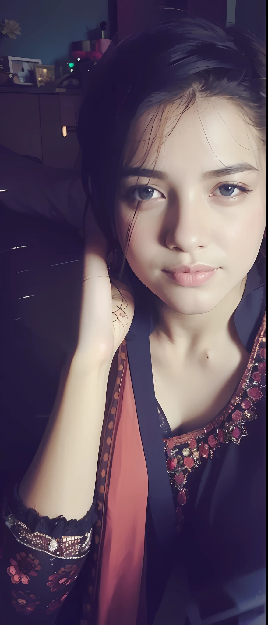 head to thigh, (photorealistic:1.4), best quality, bedroom, (25yo cute girl:1.2), (looks confused:1.2), (Jpop:1.08), (cute eye makeups:1.1), (see-through lace leotard), pubic hair, round breasts, (hands behind head:1.1), (armpits:1), (brown hair:1.2), (ulzzang-6500-v1.1:0.66)