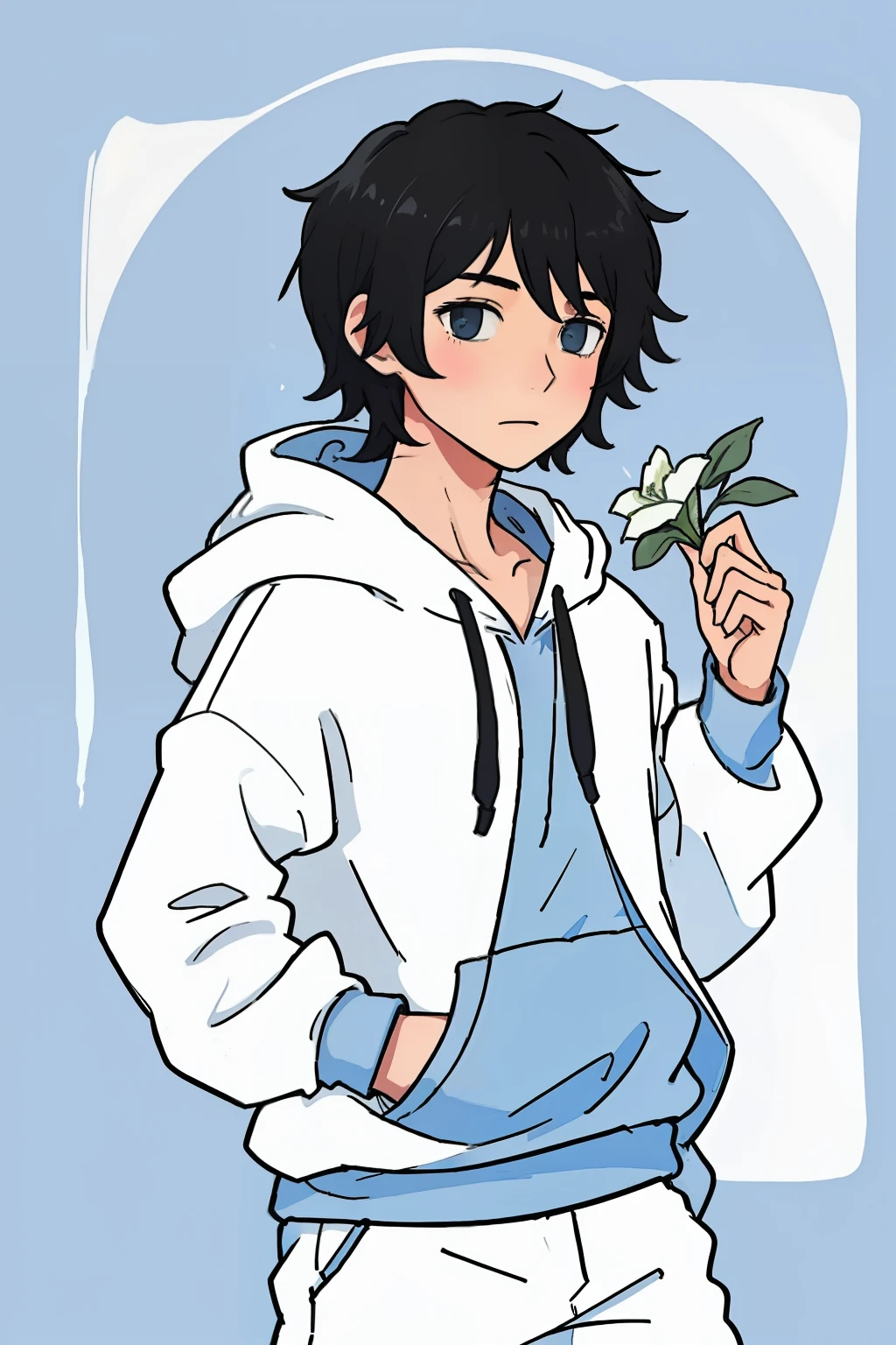 Illustration of a slim boy named max, having short black messy hair, softboy aesthetic, wearing a blue oversized hoodie and white holding flowers, posing for his gf kiara, soft pastel background