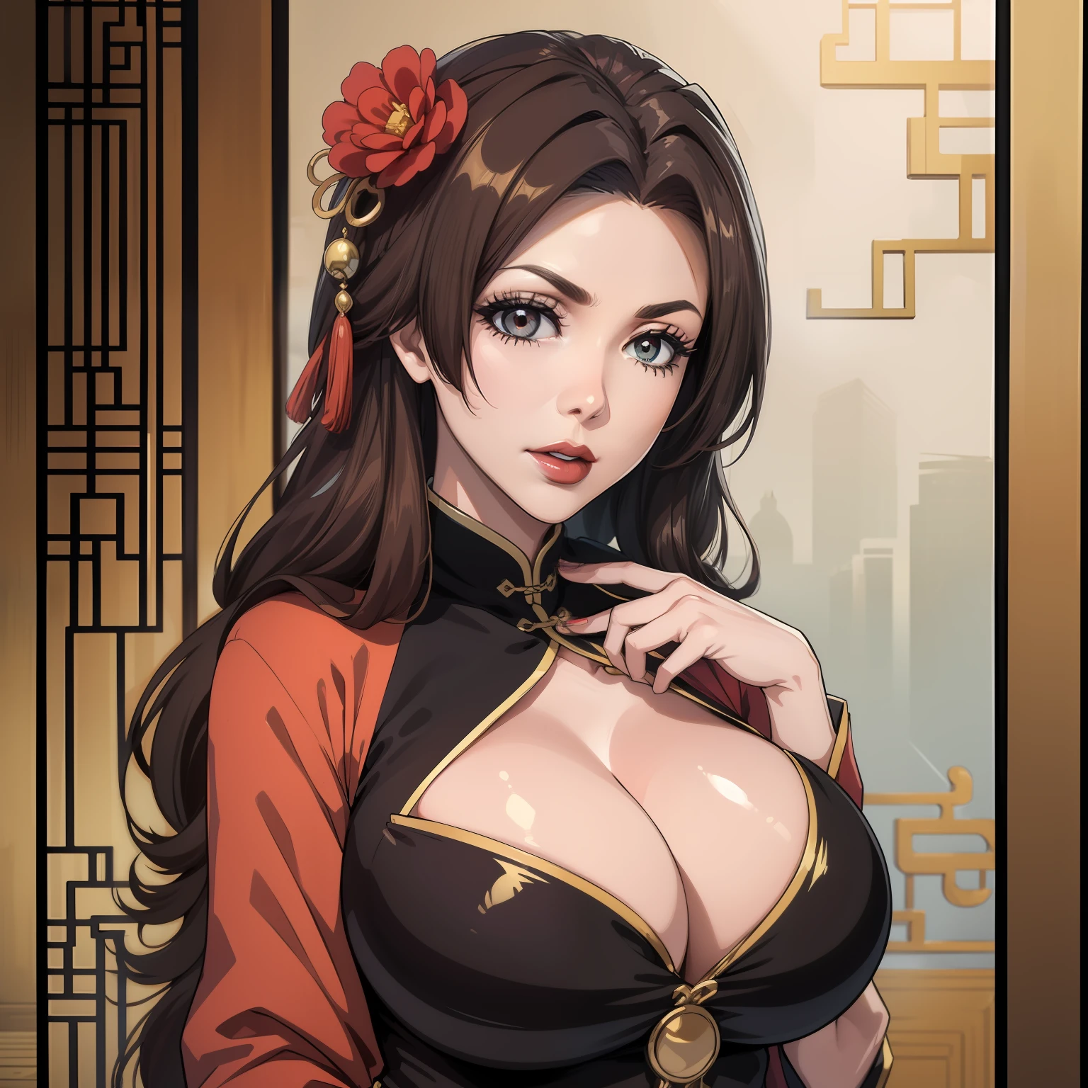 1girl,upper body,fashi-girl,china dress,chinese clothes,hair flower,(masterpiece:1.4),(best quality:1.4),(shiny skin),red lips,looking at viewer,large breasts,parted lips,(huge breast)large breast)