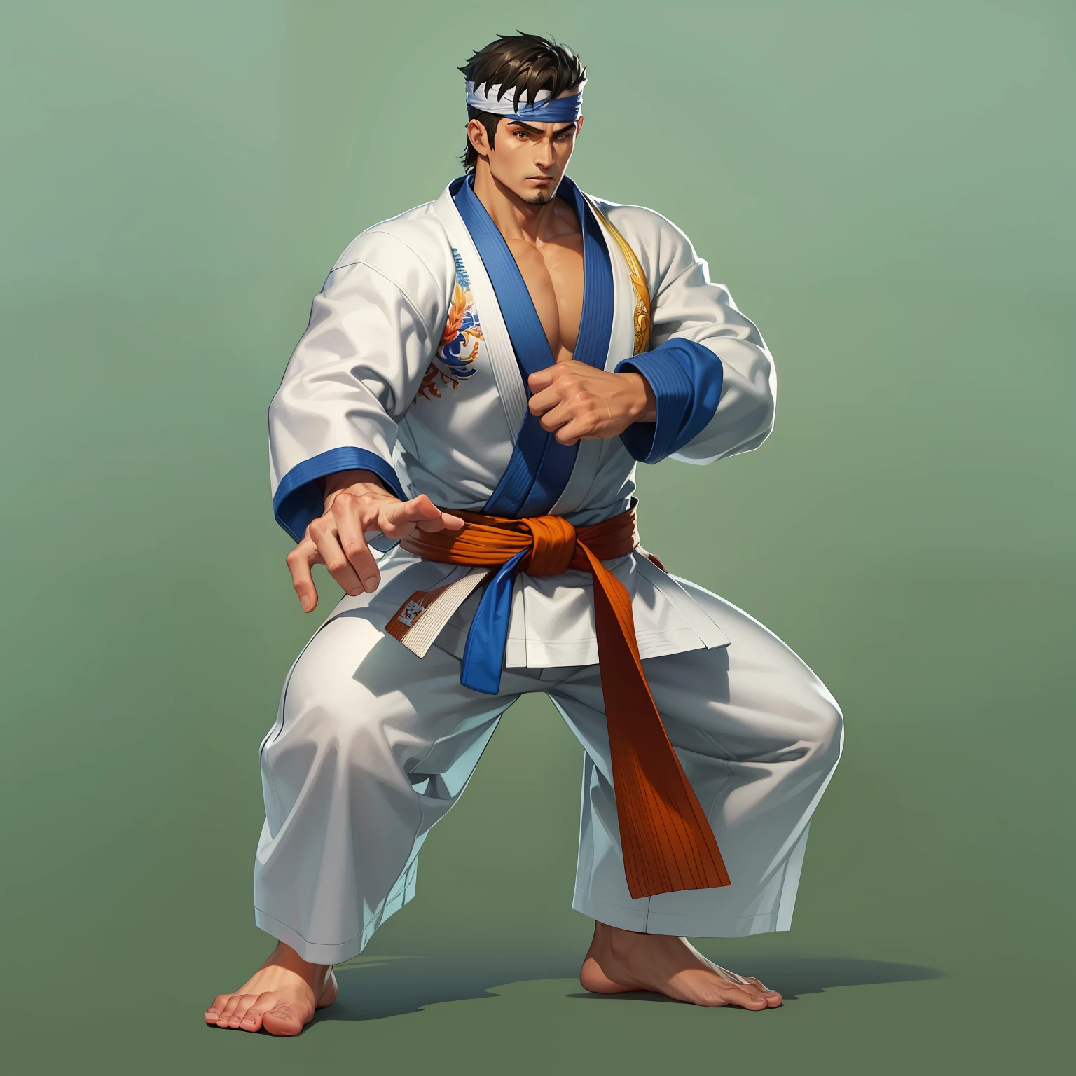1 Personagem para jogo de luta estilo Street Fighter, King of Fighters, Tekken, Virtua Fighter. 1Lutador homem, 1 personagem, Cicatrizes, pose de luta, jiu jitsu, homem jiu jitsu, roupa kimono jiu-jitsu.