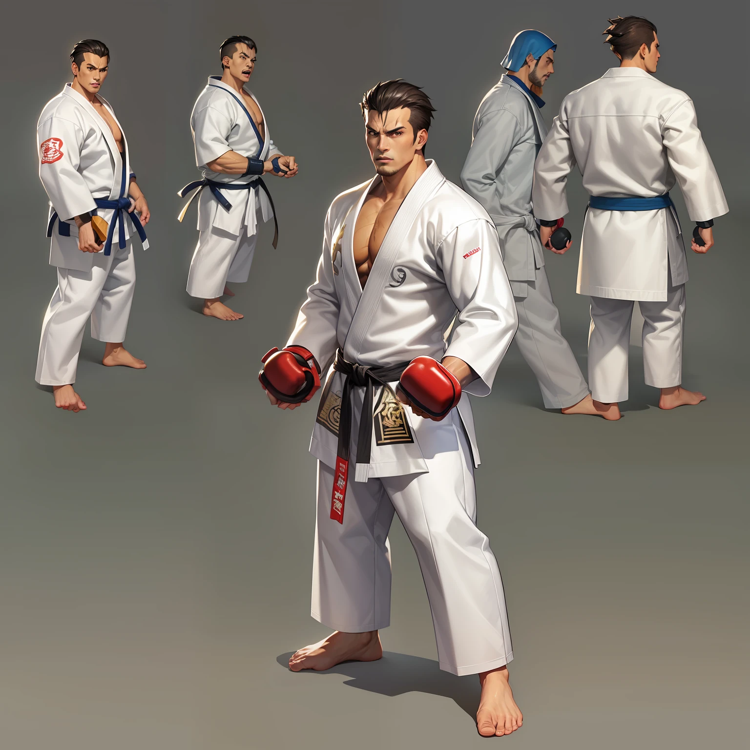 1 Personagem para jogo de luta estilo Street Fighter, King of Fighters, Tekken, Virtua Fighter. 1Lutador homem, 1 personagem, Cicatrizes, pose de luta, jiu jitsu, homem jiu jitsu, roupa kimono jiu-jitsu.