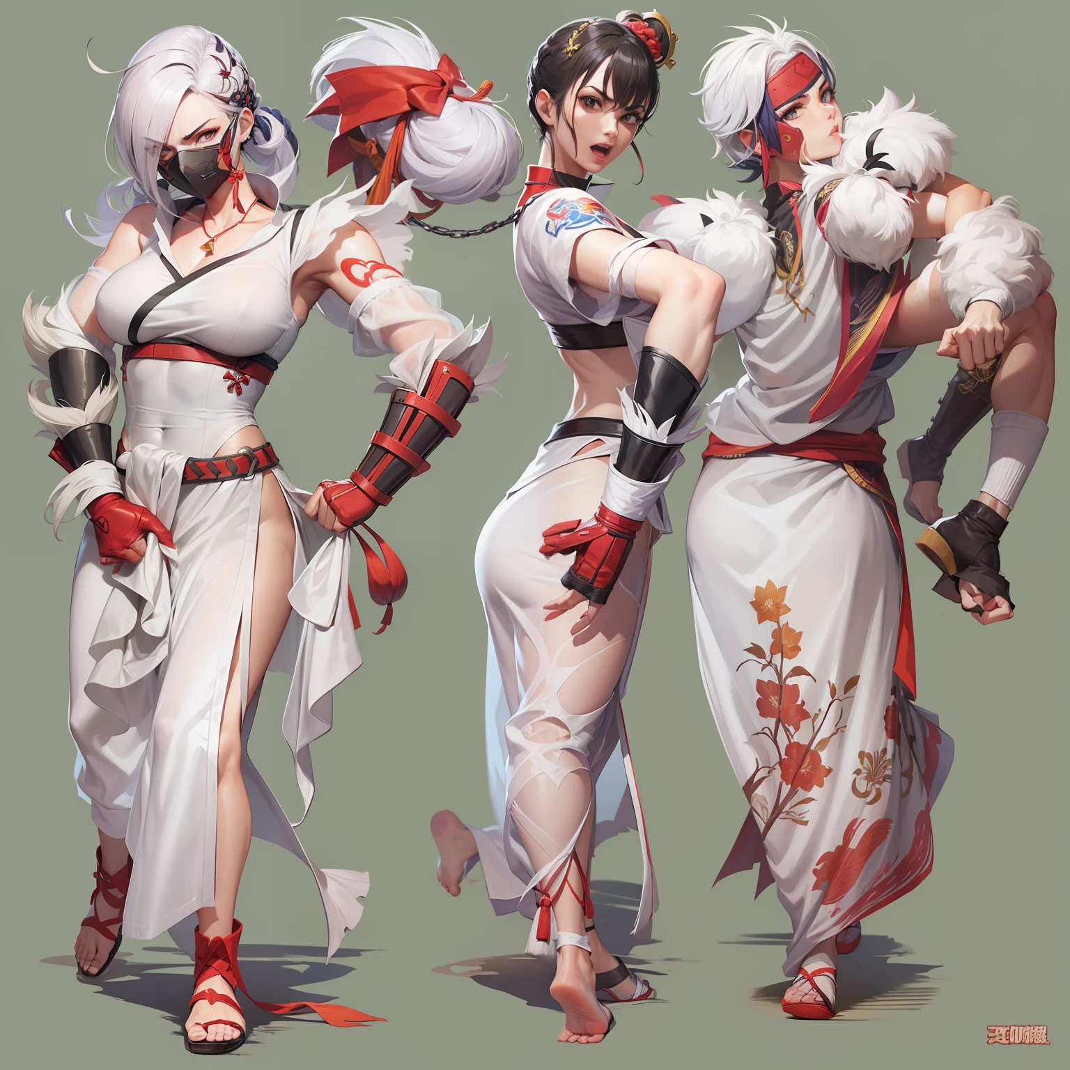 1 Personagem para jogo de luta estilo Street Fighter, King of Fighters, Tekken, Virtua Fighter. 1Lutadora mulher, Cicatrizes, pose de luta, wu chu, Chinese odango hairstyle, mulher mascarada, wearing a white mask covering his face, garota kung-fu, roupa qipao, 3 garras estilo wolverine nas luvas.
