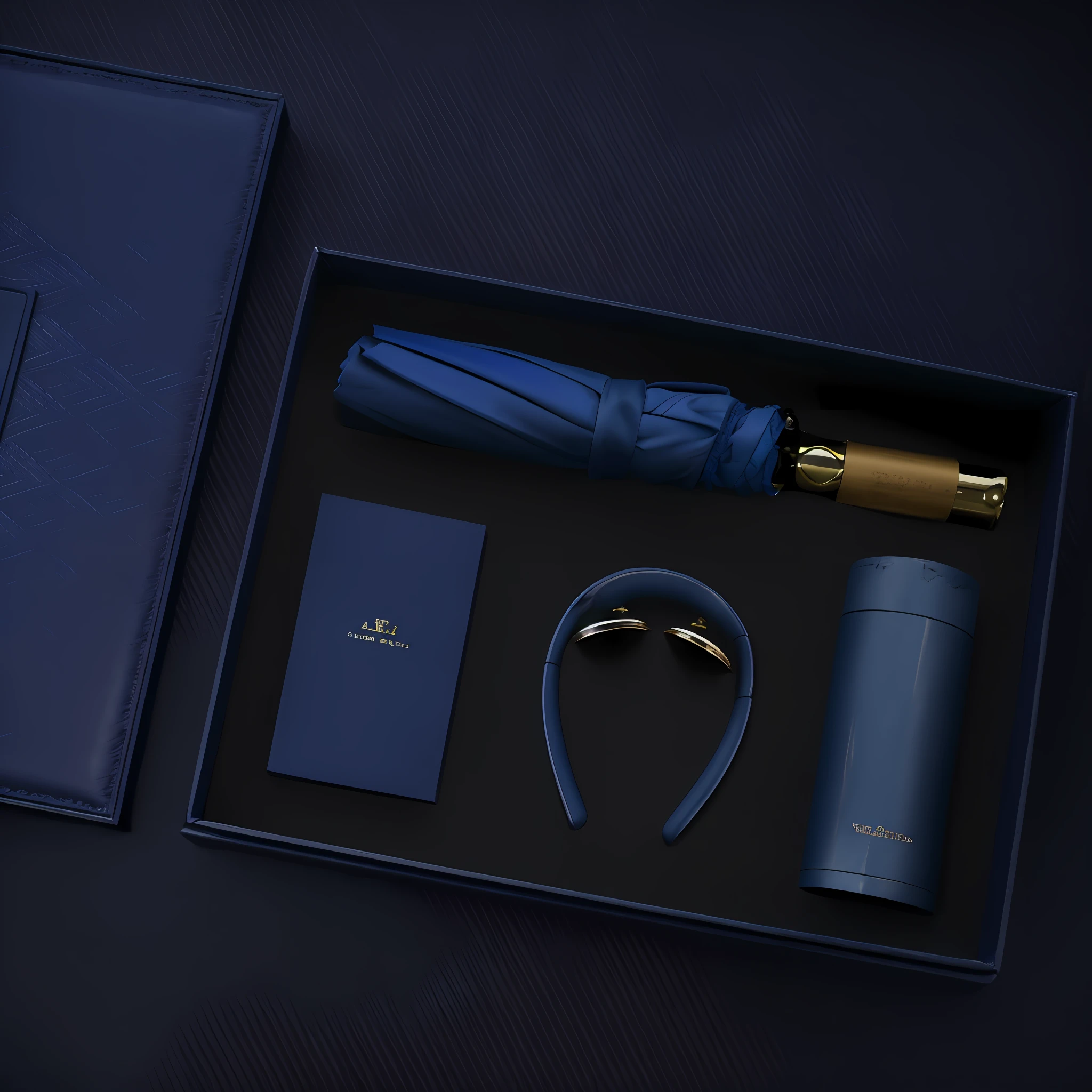 Alafard blue box with blue umbrella, A Blue Book, A blue cup, A blue pen and a blue book, Product photo, high resolution product photo, packaging lens, dark-toned product photos, high quality product photo, highly detailed product photo, Product photography, detailed product photo, products shot, Official product photo, studio packshot, high qualityProduct photography