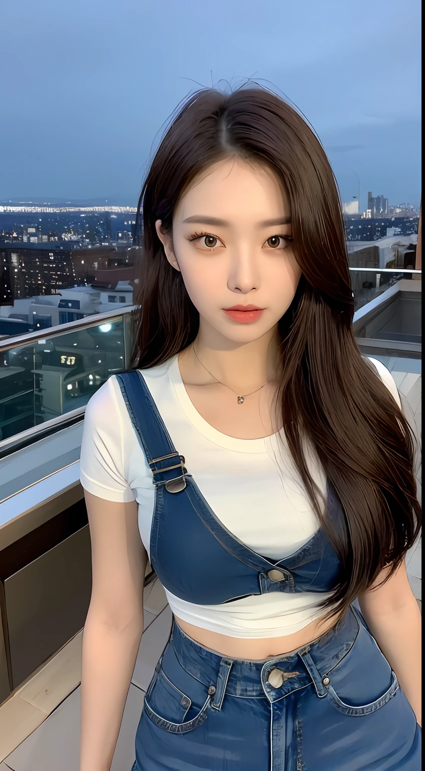 ((Midnight, Best quality, 8k, Masterpiece :1.3)), Whole body, Long legs, Sharp focus :1.2, A pretty woman with perfect figure :1.4, Slender abs :1.1, ((Dark brown hair, Big breasts :1.2)), (White tight tshirt, Jean bib, Standing:1.2), ((Night city view, Rooftop:1.3)), Highly detailed face and skin texture, Detailed eyes, Double eyelid