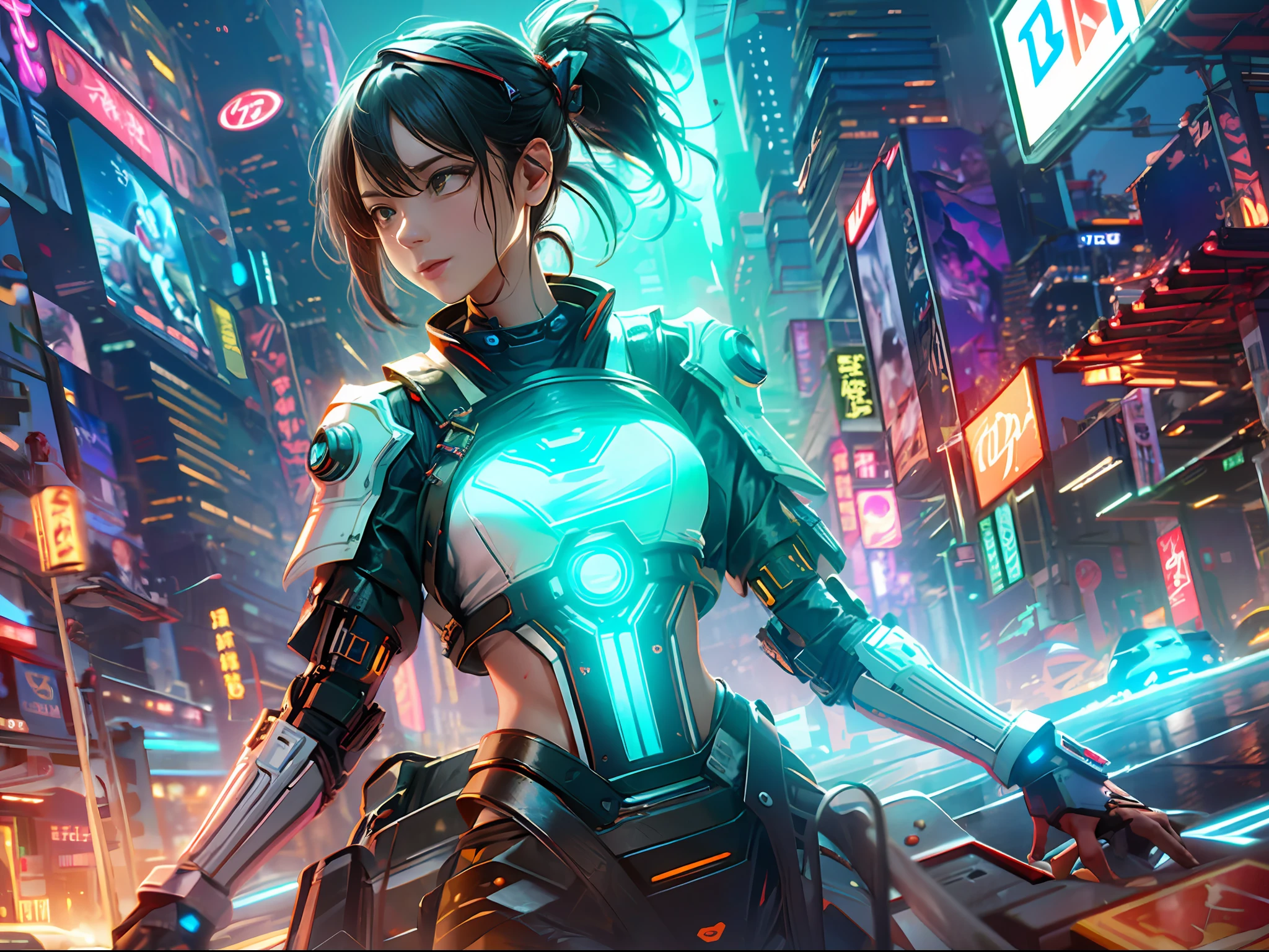 （best qualtiy））， （（tmasterpiece））， （The is very detailed： 1.3）， 3D girl，cyber punk perssonage，The city of the future，the night，Half-woman, Semi-cyborgs，Raised sexy， Sci-fi technology， hdr（HighDynamicRange）， Ray traching， NVIDIA RTX， Hyper-Resolution， Unreal 5， sub surface scattering， PBR Texture， Post-processing， Anisotropy Filtering， depth of fields， Maximum Acutance and Acutance， Many-Layer Textures， Specular and albedo maps， Surface coloring， Accurate simulation of light-material interactions， perfectly proportions，rendering by octane，twotonelighting，Low ISO，White balance，trichotomy，largeaperture，8K raw data，High efficiency sub-pixel，sub-pixel convolution，light particules，Light scattering，Tyndall effect，Very sexy，full bodyesbian，Fighting posture，