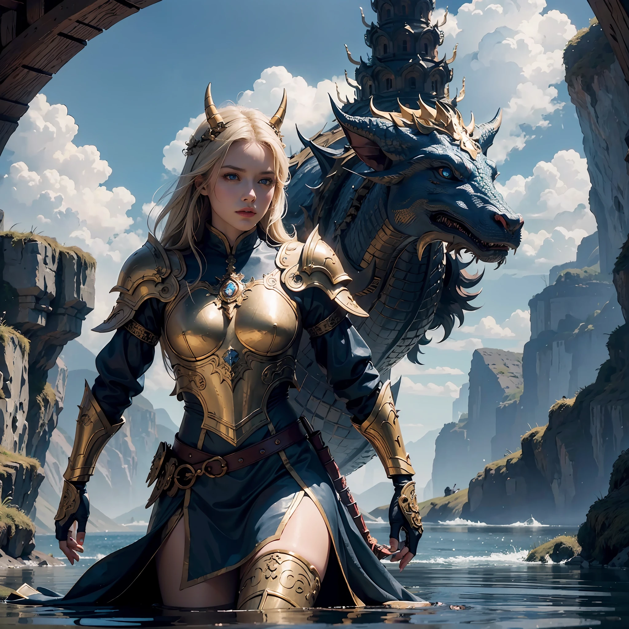 golden dragon, old, (intense details, dnd art, masterpiece), intense blue eyes, small horns, standing near a fantasy castle and lake, a human rider standing near the dragon, epic paladin, divine warrior, RPG paladin, (1.4 intricate details, Masterpiece, best quality), backlight, clouds, in the background, serious, realism, high detail, depth of field, cinematic lighting, reflection light, drop shadow, atmospheric perspective, Op art, UHD, masterpiece, high quality, high detail