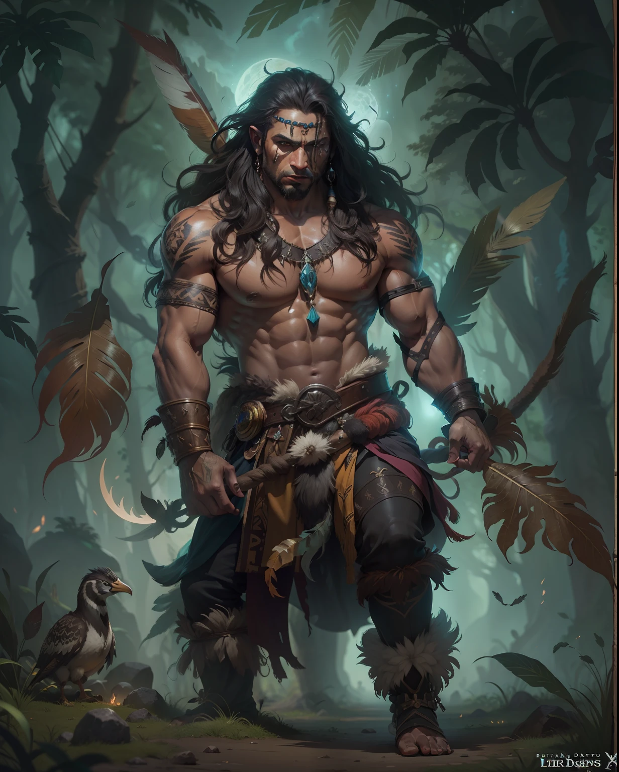 Guerreiro tribal, skinwalker, indigena, homem com pele de lobo, dark backdrop, noite, lua cheia, pinturas na pele, tatuagens tribais, pele morena, feathers on head, cabelo longo, homem, arco e flecha, arte para jogo de TCG, RPG, D&D, DUugeons & Dragons, estilizado, realista, epic fantasy art.