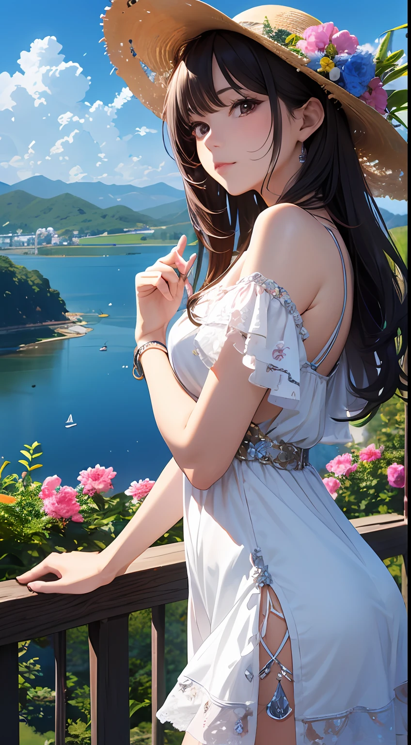 (Close-up of the painting style,8k ultra high definition,Masterpiece grade vista CG wallpaper),Beautiful skyline,Magnificent sky,美丽细致的眼睛,cute girly,Perfect slim body,shift dresses,Pure eyes,The skin is smooth like a ,Standing on a high mountain overlooking the earth,Skysky,lakes,Colorful flowers and plants。