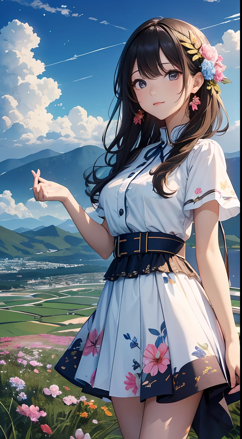 (Close-up of the painting style,8k ultra high definition,Masterpiece grade vista CG wallpaper),Beautiful skyline,Magnificent sky,美丽细致的眼睛,cute girly,Perfect slim body,shift dresses,Pure eyes,The skin is smooth like a baby,Standing on a high mountain overlooking the earth,Skysky,lakes,Colorful flowers and plants。
