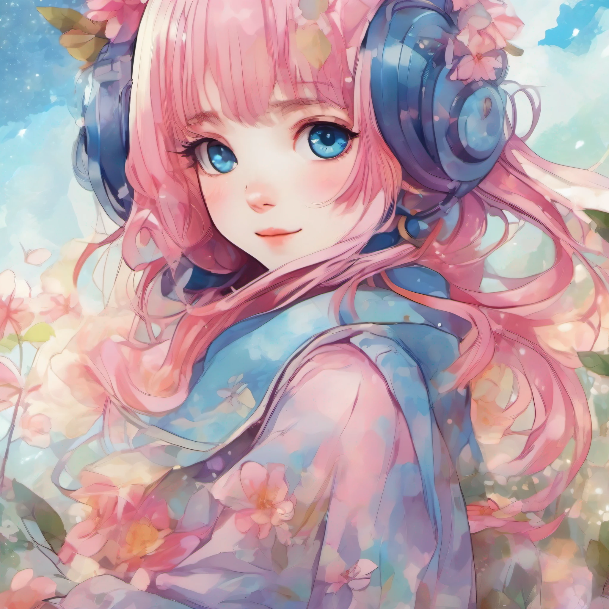 Flat style 2D avatar, kawaii anime girl, Exaggerated sparkling eyes, Watercolor ink style rendering,Simple and aesthetically pleasing feel, Comics-influenced design, Soft color blending, Mainly soothing blue and vibrant pink, Cute short hairstyle, An affectionate combination of shoujo manga and Harajuku fashion in clothing details, Expresses femininity and innocence through subtle facial features, upperbody closeup, Calm and vivid watercolor setting, Digital vector graphics