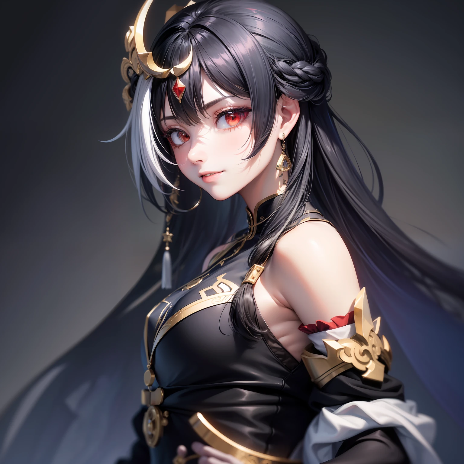Best quality, Masterpiece, Ultra-detailed, Beautiful, A high resolution, Original,photorealestic,realisticlying, absurderes, Felt, 1girll, Solo, Long_Hair, Looking_at_peeping at the viewer, Smile,A bit obsessive-compulsive, bangs, Nero_Hair, Hair_decorations, Red_Eyes, Hair_between_Eyes, Chinese_clothes, uneven_Sleeves, :D, Simple background, White background, mitts, asymmetrical_Sleeves, Fingerless gloves, High quality, full body detailing, Golden ratio, RAW photo (Short straight black hair) (pale 20-year-old woman, short,head straight-looking at viewer, full bodyesbian, Perfect face, Amazing eyes,Red eyes, Vivid details, (skin with many details), (Dark), aurora, (Backlight: 0.5), Depth of field, Canon 5D, 50mm lens, f/4 aperture, (Super detail), Sharp focus, pastelcolor, 8K, consciousness, 8mm film food, War photography