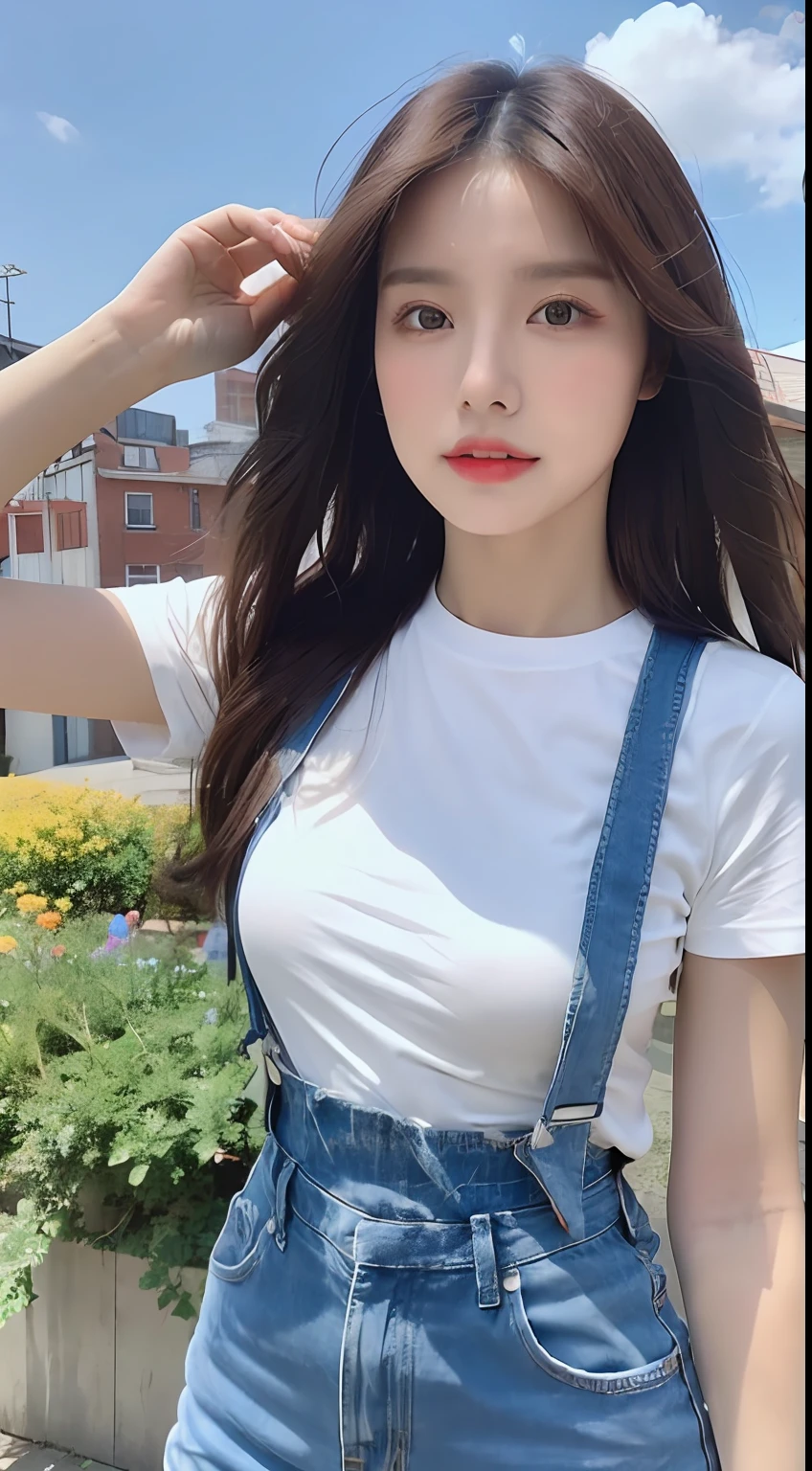 (Daytime, Excellent, 8K, Masterpiece:1.3)), Full body, Long legs, Focal length: 1.2, Perfect Body Beauty: 1.4, Slim Abs: 1.1, ((Dark Brown Hair, Big Breasts: 1.2 )), (White Skinny T-shirt, Denim Suspenders, Standing: 1.2), ((City, Blue Sky and White Clouds: 1.3)), Highly detailed face and skin texture, Detailed eyes, Double eyelids, Flying long hair
