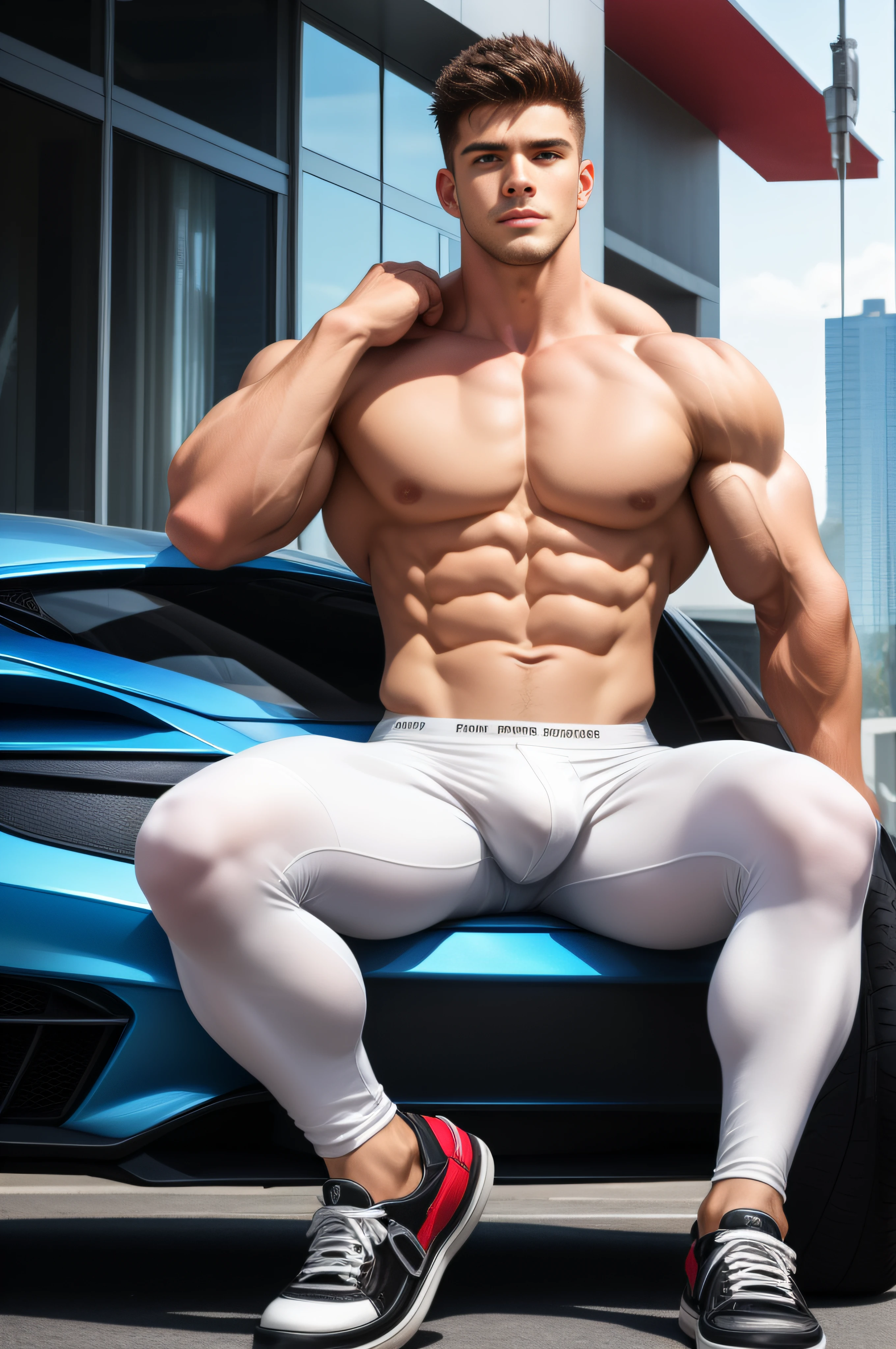 ((Masterpiece)), ((Best quality:1.2)), high resolution, 8K, (Supergianthugebreasts_Realistic:1.3), (Photorealistic:1.4), Sharp focus, yaoi, 1boy, (Perfect nod_face), (Full body shot), extra wide range, (Handsome tall muscular man wearing a low-rise pure white tights), (Trendy sneakers:1.1), (Shirtless, Bare chest), Crotch bulge, Male focus, Shortest Black Hair, (Sit next to a white futuristic supercar:1.2), (super car:1.2), Age 20, (Perfect handsome young and cute face:1.2), Closed mouth, (Shiny white skin:1.3), (Charming muscular hunk), (Broad shoulders), (Broad shoulders), (Detailed muscles: biceps and triceps:1.4), Big Pectoral Muscles, Spread your muscular legs, (Narrow waist), hip bones, Skyscraper in cyberpunk city background, Depth of field