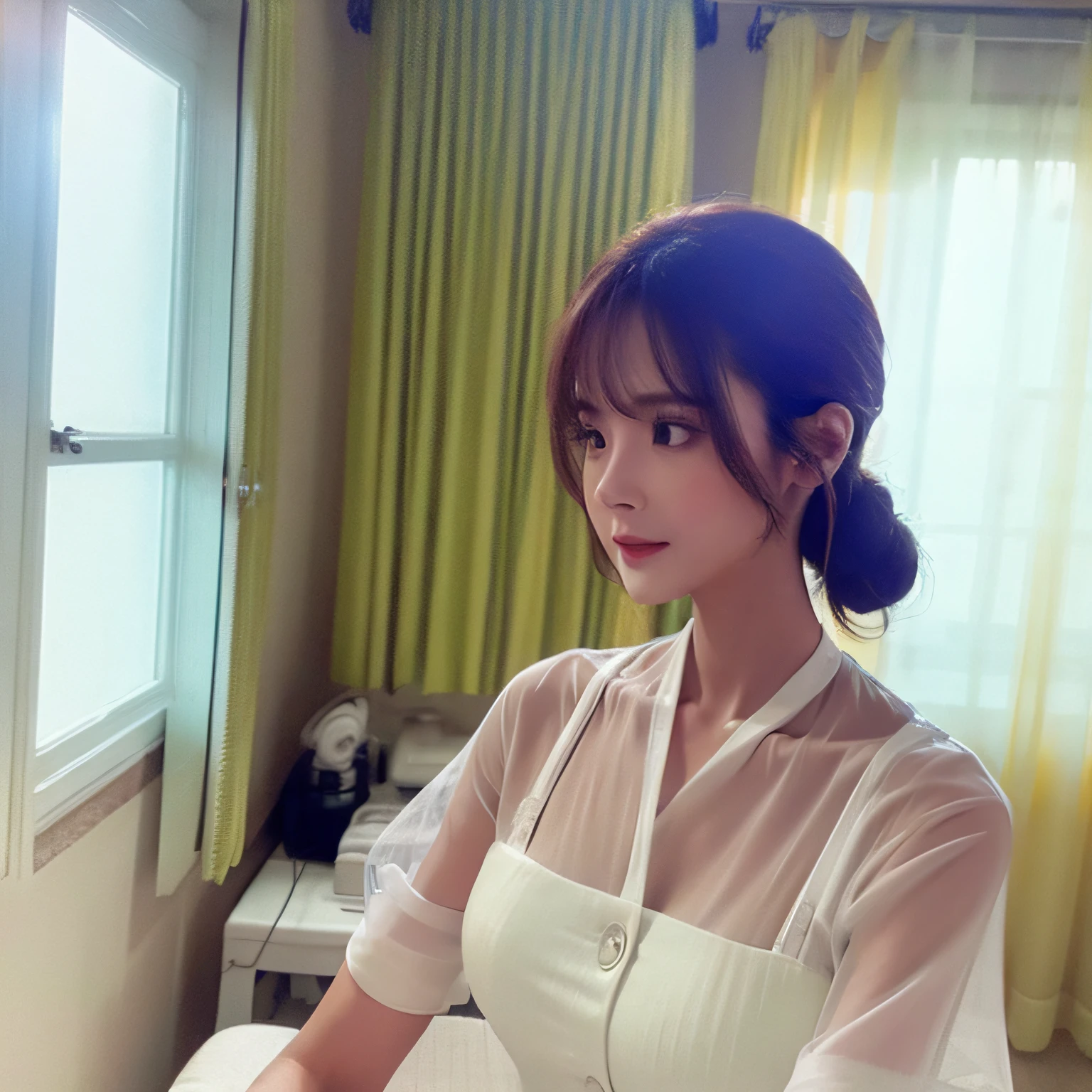 Infirmary, curtains, 1 girl, nurse, white dress, masterpiece, best quality, highly detailed