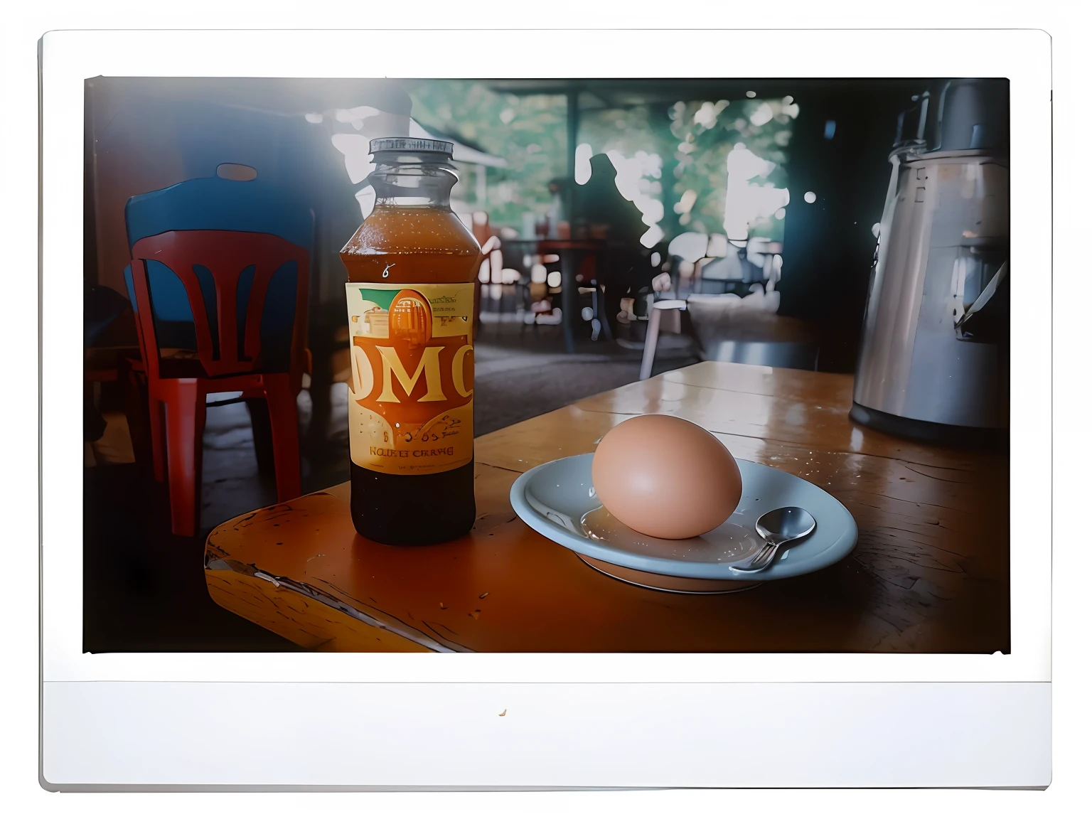 there is a bottle of syrup and an egg on a plate, :: morning, morning, 3 5 mm lomography, photo 35mm, morning light, pinhole analogue photo quality, medium format. soft light, morning hour, shot on leica sl2, analogue photo quality, shot with hasselblade camera, 35mm photo, 35 mm photo
