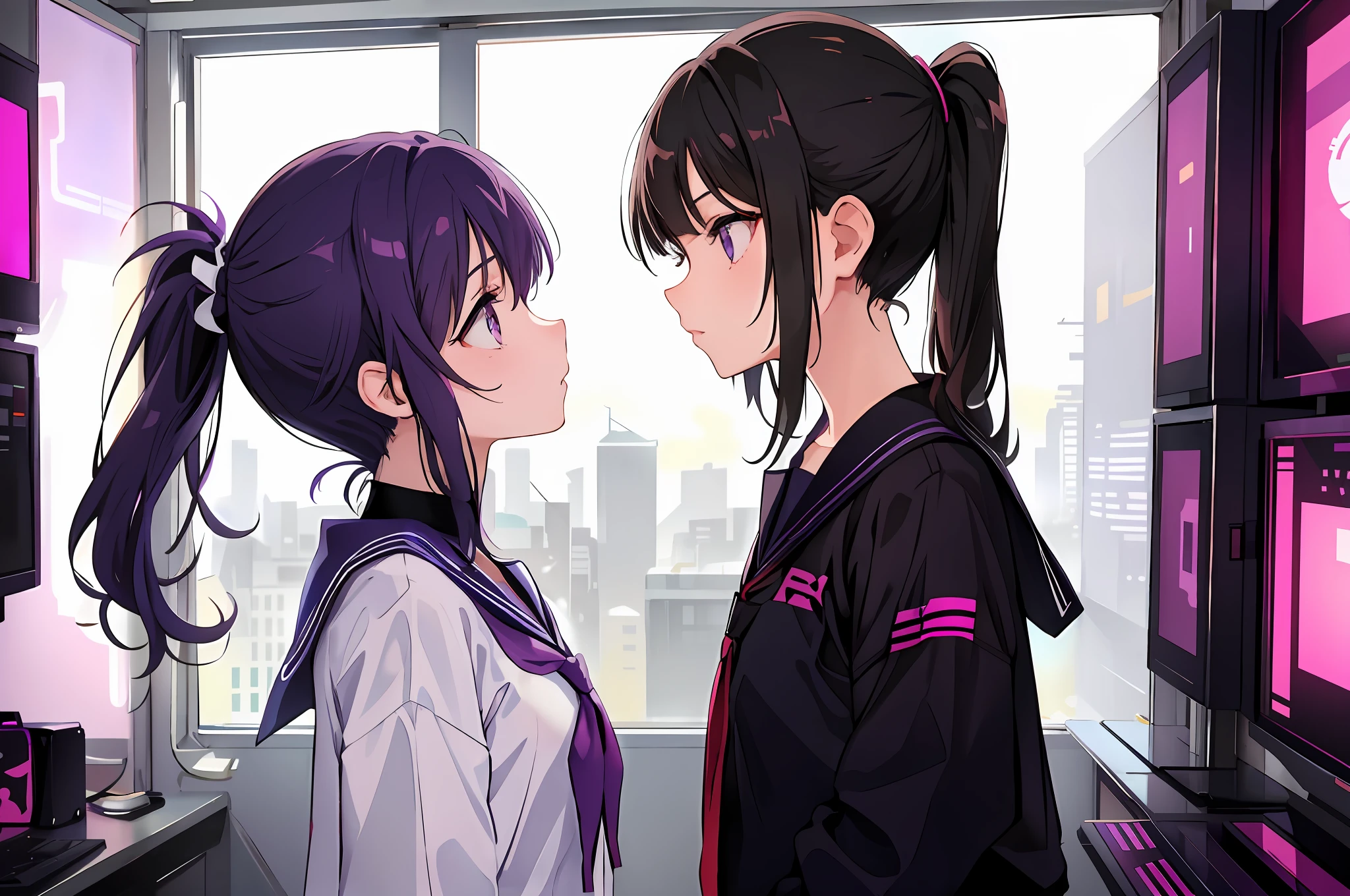 2girl, one is a girl with black hair in a ponytail and a sailor suit with purple eyes, the other is a short girl with black hair in a side ponytail and purple eyes in a sailor suit, (two girls are looking at each other, eye contact, face-to-face), purple cyberpunk landscape, room with many monitor, room with big windows, purple fluorescent light