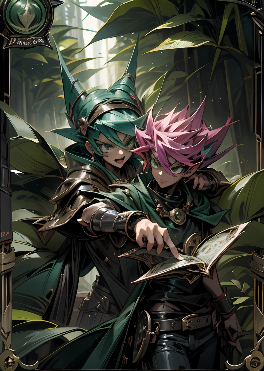 a highly detailed, Trading card game card, yugioh TCG, magic the gathering TCG, TCG, Card Design, Card Layout, ornaments card, TCG ornaments, epic card layout, mitology, D&D, Dungeons & Dragons, Epic, leaves ornaments,green forest, green tones.