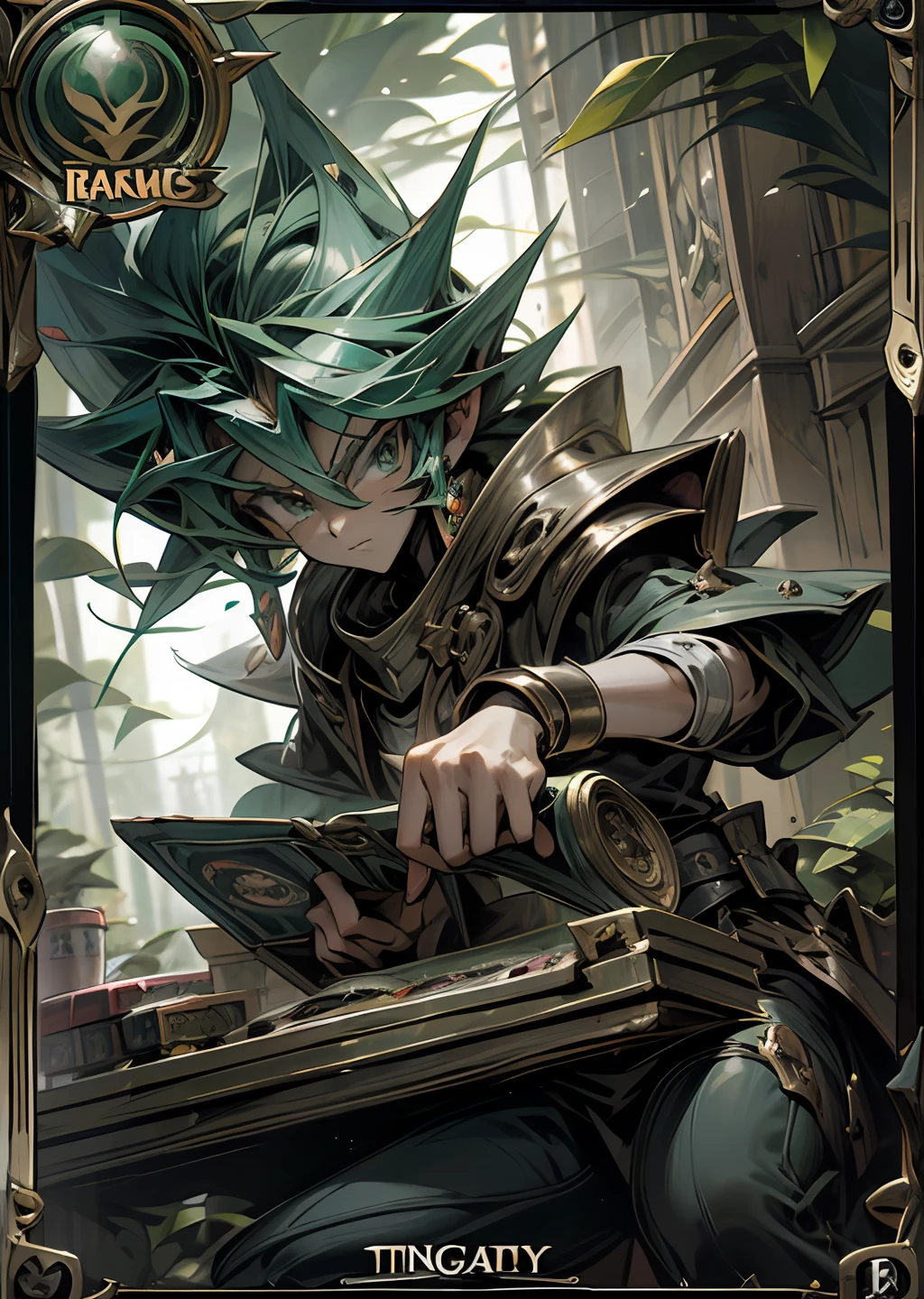 a highly detailed, Trading card game card, yugioh TCG, magic the gathering TCG, TCG, Card Design, Card Layout, ornaments card, TCG ornaments, epic card layout, mitology, D&D, Dungeons & Dragons, Epic, leaves ornaments,green forest, green tones.