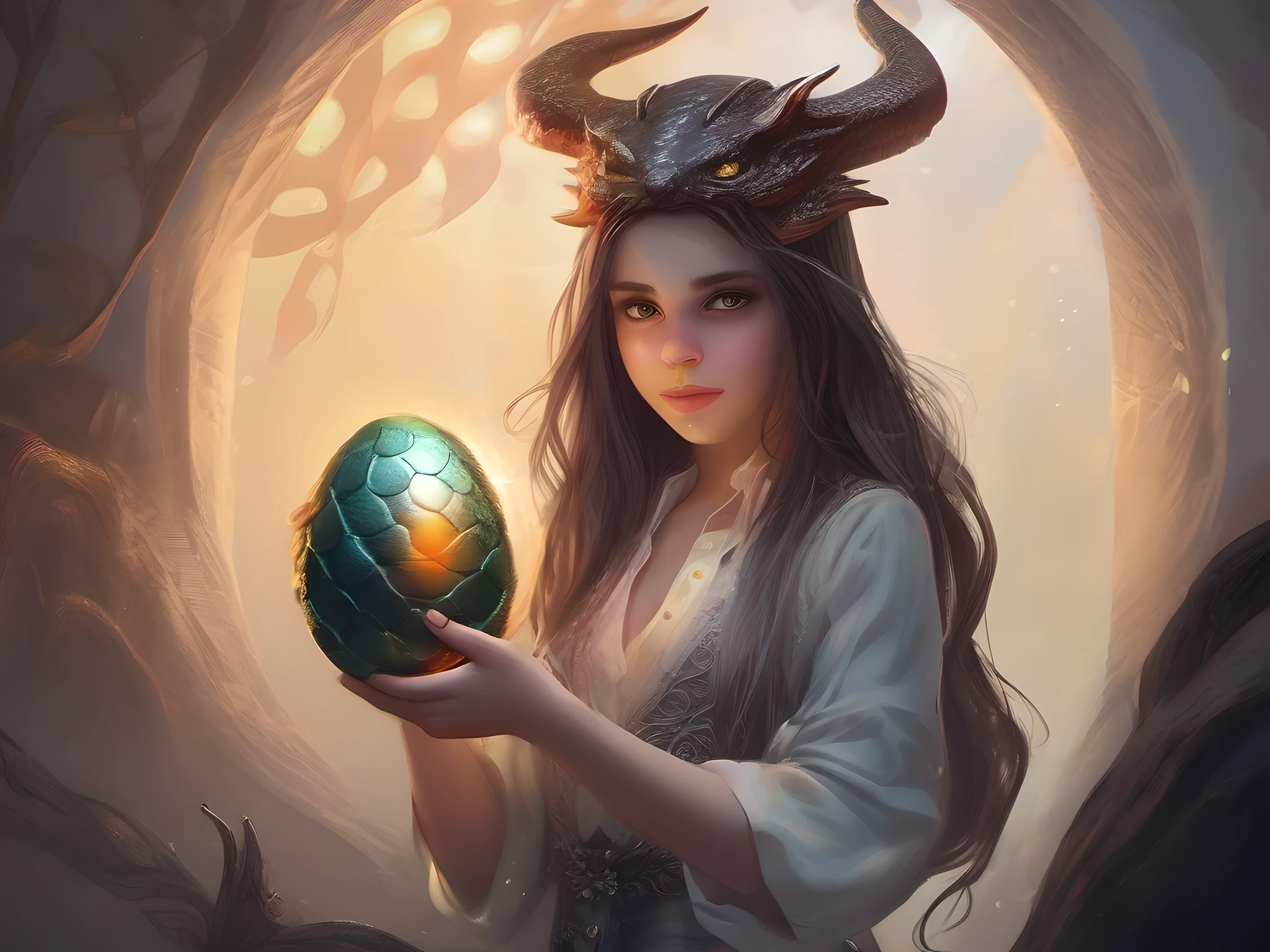 1 girl holds a dragon egg in her hands, The dragon is hatching.