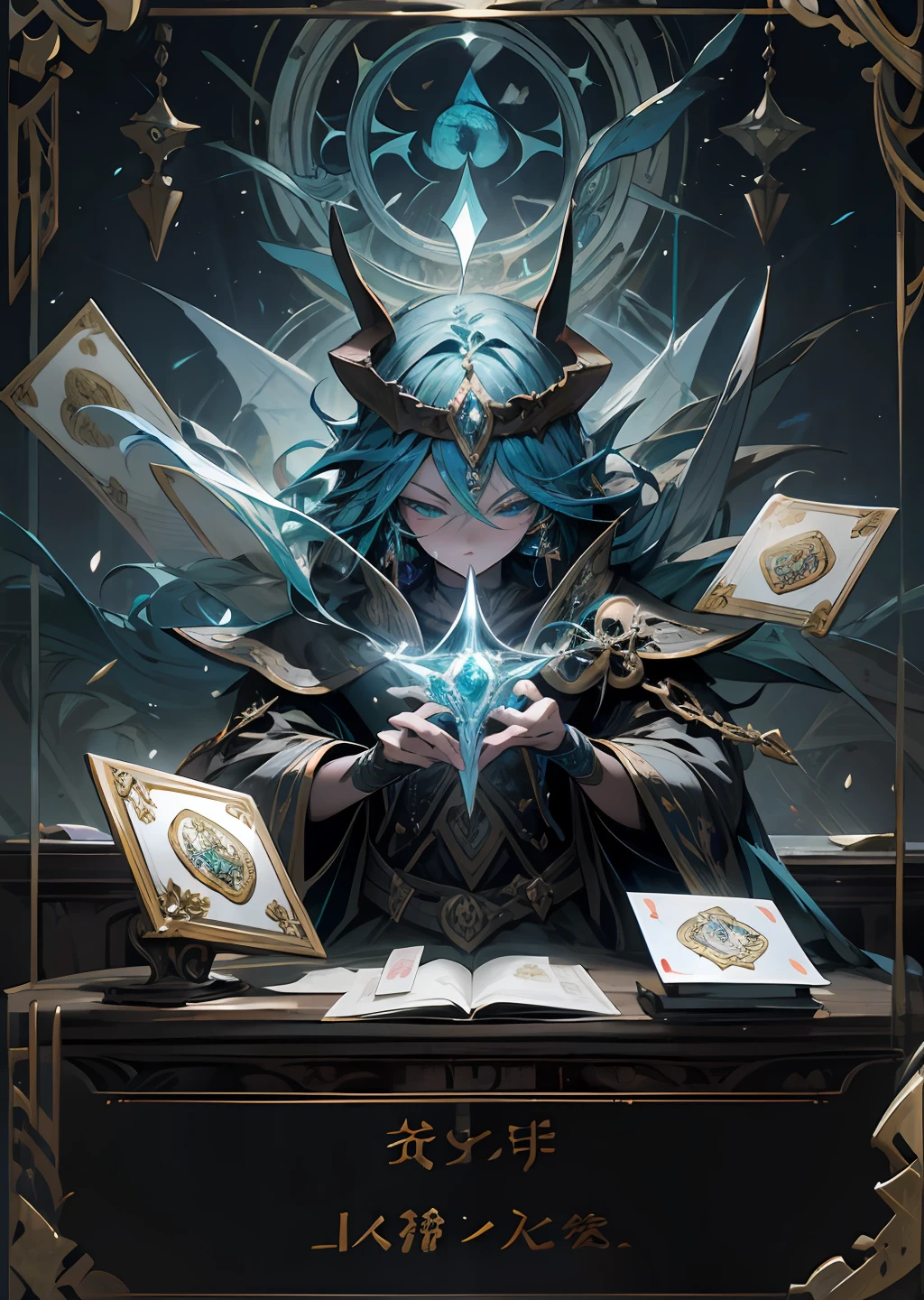 Um altamente detalhado, Card game card, magia o encontro TCG, d&d, Masmorras & dragons, card design, Card Layout, Ornaments card, Ornamentos TCG, Epic card layout, mitologia, RPG, blue water, ornamentos de ondas, tons de azul.