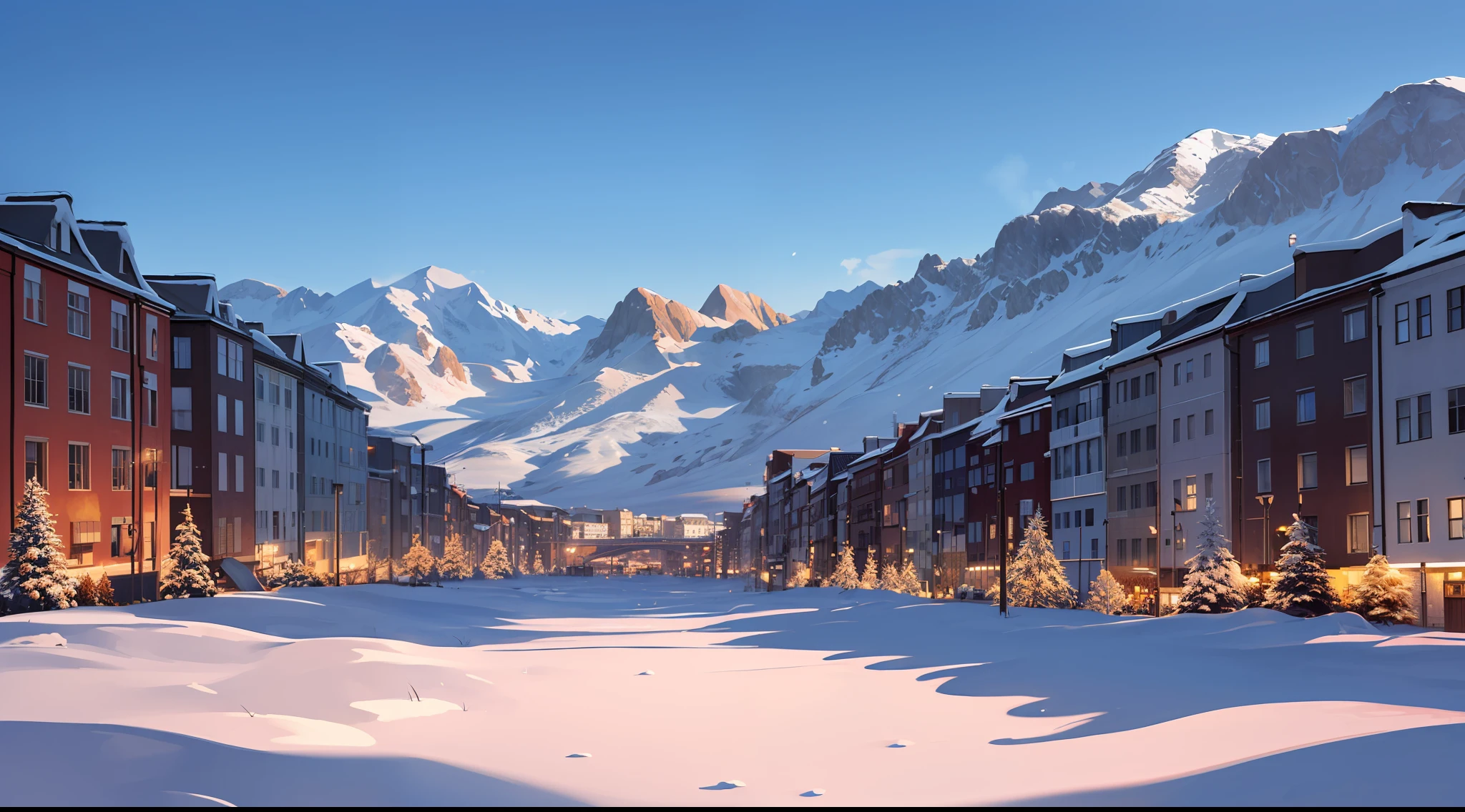 masterpiece, best quality, aesthetic, highres RAW photo, cool color tone, wide shot, scenery, snow, blue sky, cityscape,buildings,winter