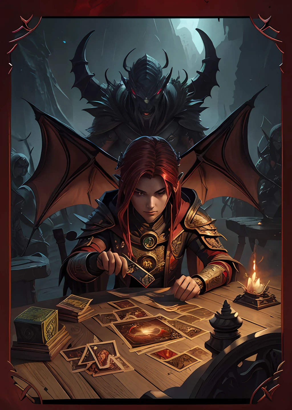a highly detailed, Trading card game card, magic the gathering TCG, D&D, Dungeons & Dragons, Card Design, Card Layout, ornaments card, TCG ornaments, epic card layout, mitology, RPG, red dragon, dark dragon, evil dranon on montain.