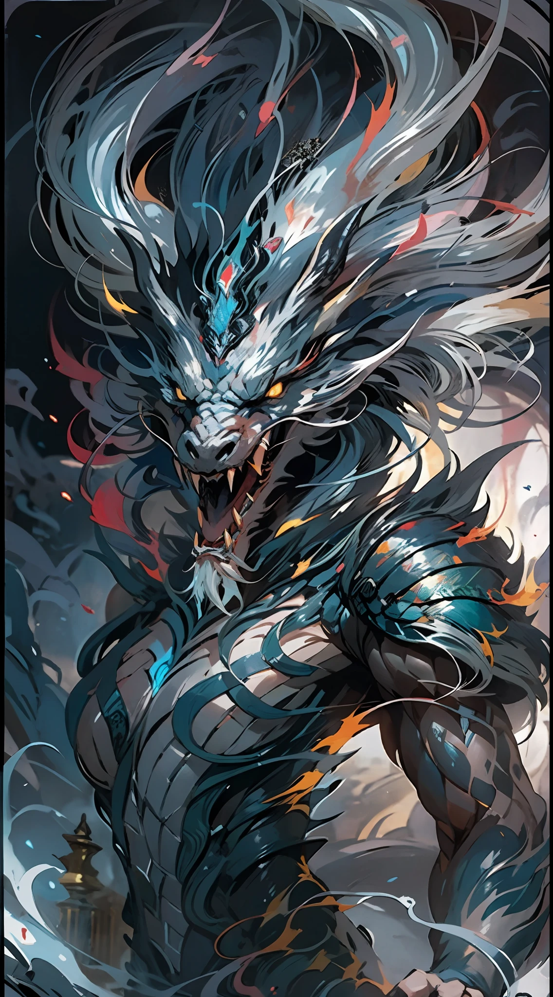 A high resolution，high detal，8K，（A boy:1.9），cool guy，high-definition face，Messy short silver-white hair and medium white hair standing at the ends，A gifted dark spell master，Black and white spell master set，A hand burning with blue flames，fire spell，A fierce black dragon leans against the protagonist，The is very detailed，Ultra-high sharpness，Thick coating，Dragons surround the background