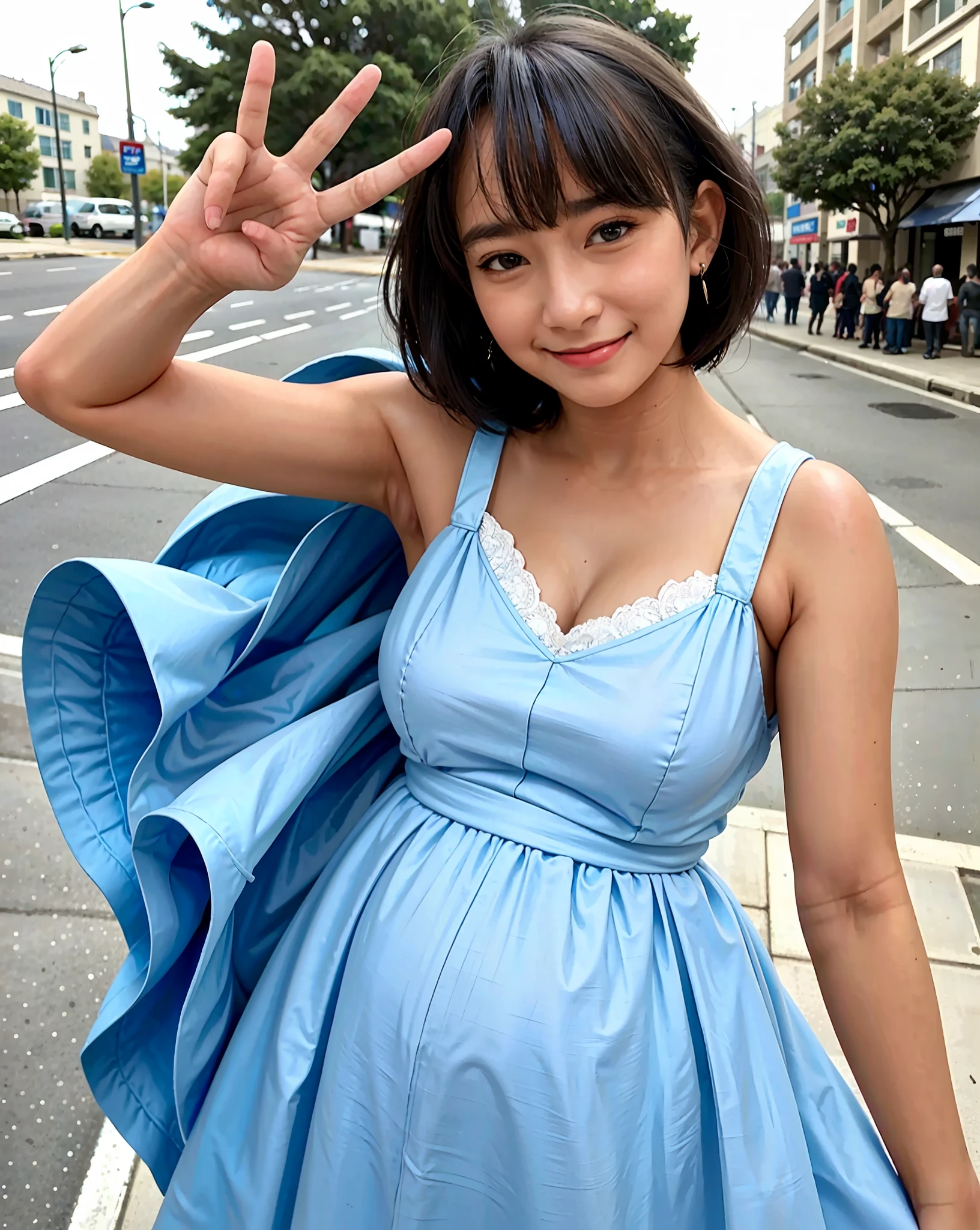 Woman posing on street corner in light blue dress, top quality, one girl, big breasts, (pregnant:1.05), sun, bright, blurred background, bokeh, outdoor, (street: 0.8), (people, crowd: 1), (cropped with lace) dress: 1.5, sleeveless dress, light blue clothes, light blue high neck dress: 1.2, blue dress: 1.5), gorgeous (short hair, forehead: 1.2), Beautiful sky in detail, earrings, (Dynamic pose: 1.2), (upper body: 0.8), soft lighting, wind, glossy skin, smile, peace sign,