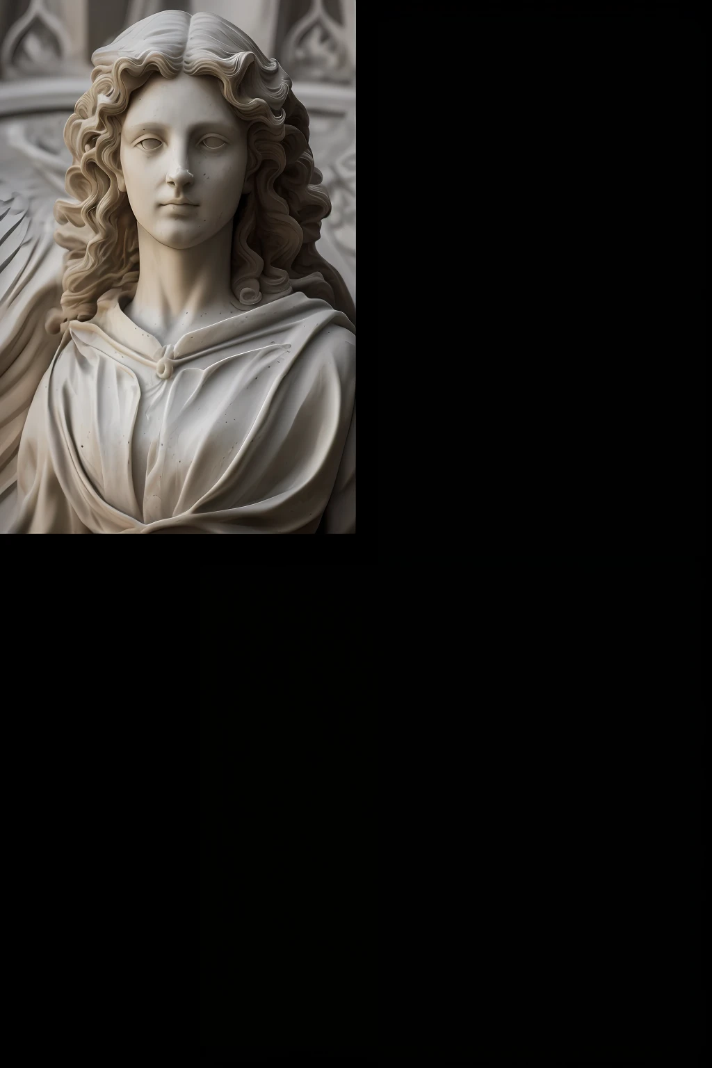 The marble statue head lacks facial features
