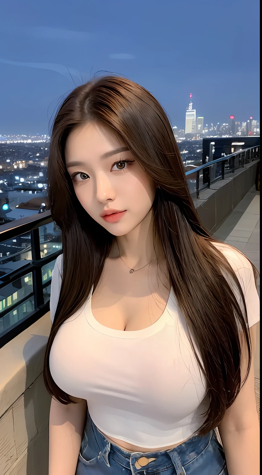 ((Midnight, Best quality, 8k, Masterpiece :1.3)), Whole body, Long legs, Sharp focus :1.2, A pretty woman with perfect figure :1.4, Slender abs :1.1, ((Dark brown hair, Big breasts :1.2)), (White tight tshirt, Jean bib, Standing:1.2), ((Night city view, Rooftop:1.3)), Highly detailed face and skin texture, Detailed eyes, Double eyelid