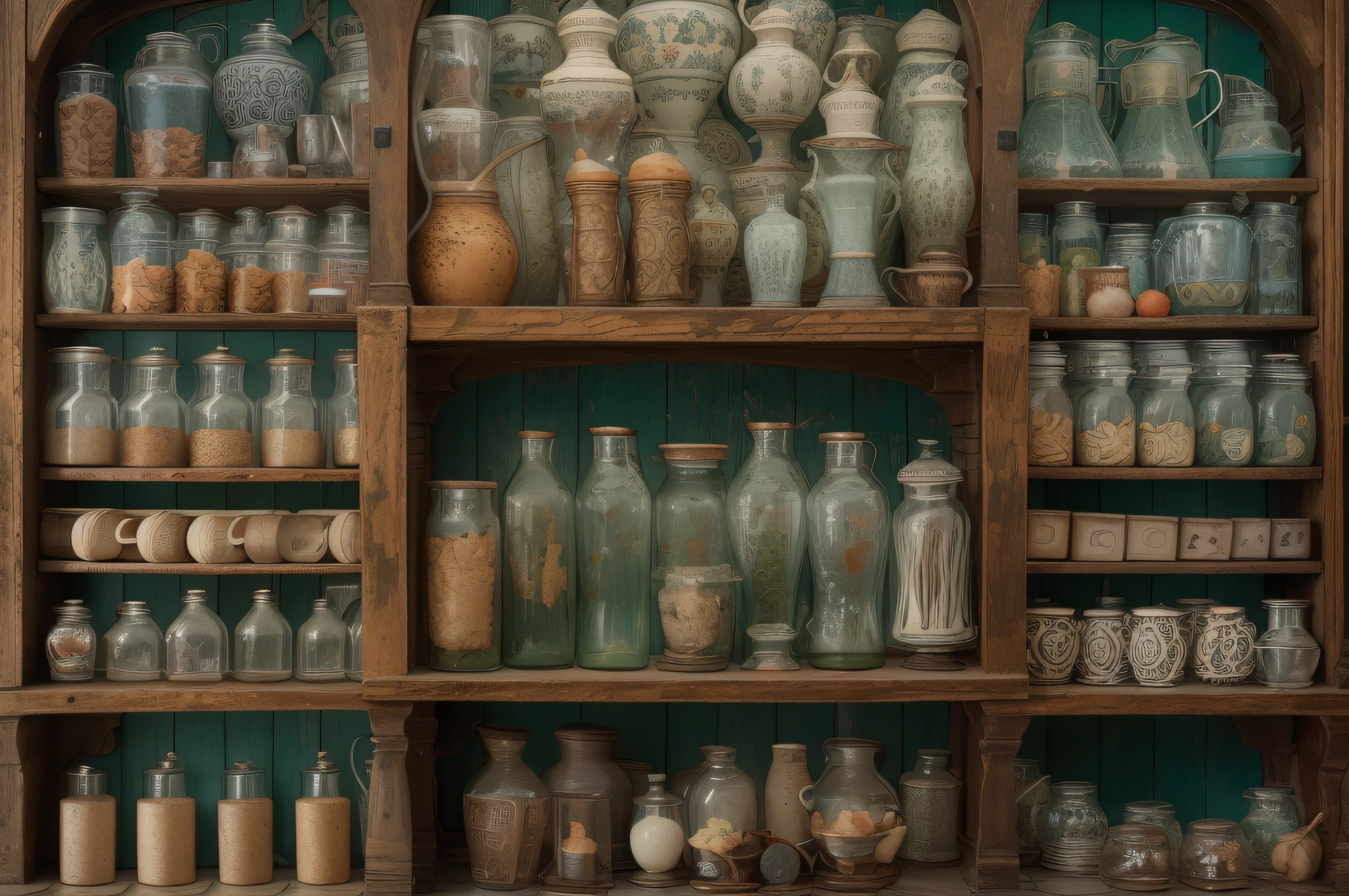 detailed photorealistic orthogonal front view of shelver with antique historical alchemic flacules, jars, glasses, bottles, dishes, cinematic lighting, contrast lighting, dslr, photorealistic, hyperrealistic, lifelike texture, insanely intricate details, amazing fine detail, hyper detailed, sharp focus, ultra high res, photographed with Nikon d5600 f5.6 lens 500mm, Kodak portra 400, RAW