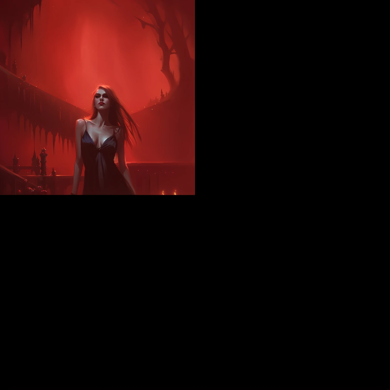 a full length woman with long hair and a red dress, vampire carmilla, vampire portrait, gothic style , beautiful vampire queen, charlie bowater, deep rich colors, piercing green eyes, hyper detailed, hyper realistic, eyes detailed, trending in artstation, unreal engine, analog