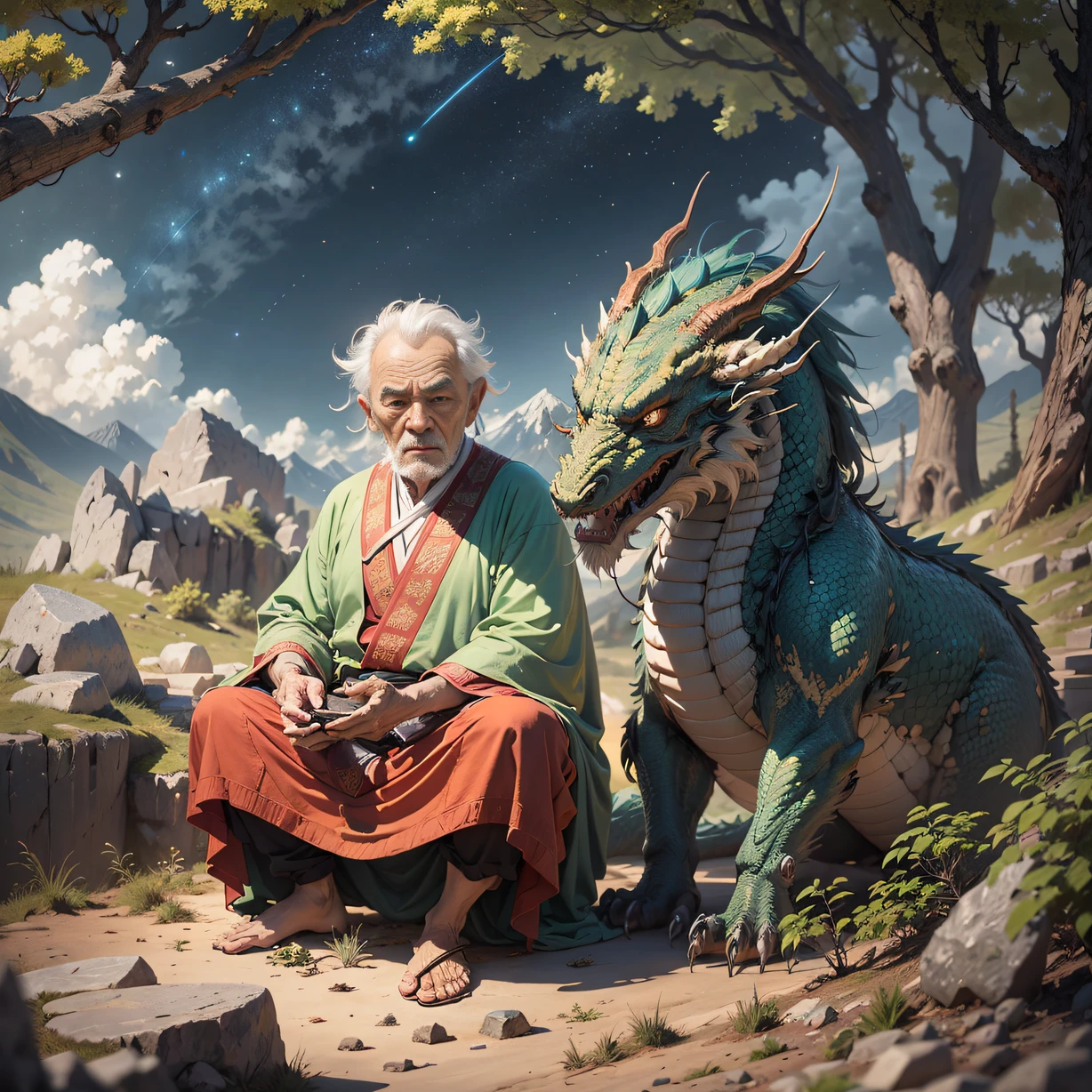 ，masterpiece, best quality，8k, ultra highres，Reallightandshadow，As night fell，The starry sky twinkles，On an ancient mountain，An old man was sitting quietly on the rock，He wore a simple Taoist robe。His eyes reveal profound wisdom and vicissitudes，Beside him，A dragon exudes a warm breath，It's like a raging flame。The old man gently stroked the dragon's whiskers，They seem to have a deep tacit understanding and mutual protection feelings。The mountain breeze blows，White clouds，It seems to speak of this ancient exchange of wisdom and power。