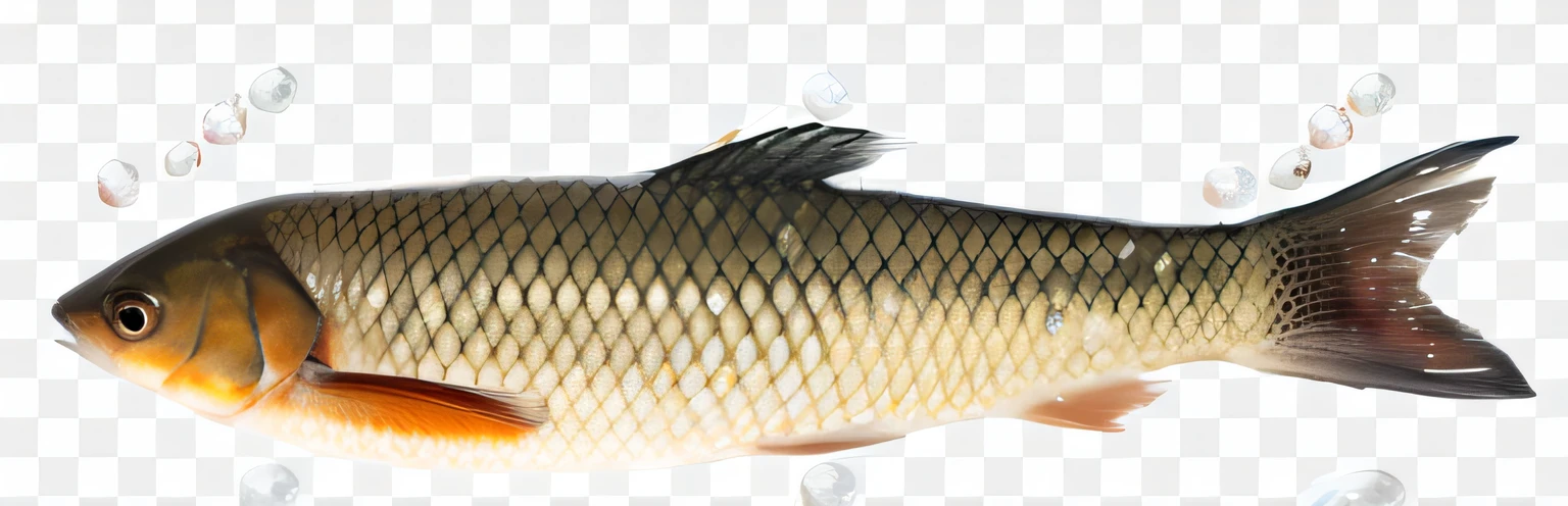 There is a fish standing on a white surface, fish in the background, fish scales, fish skin, Small mouth, Fish swimming, high quality realistic, background removed, on clear background, ice fish shape, Realistic illustration, fish lens, High picture quality, leaked image, high resolution ultradetailed, uncompressed png, half fish, Transparent background