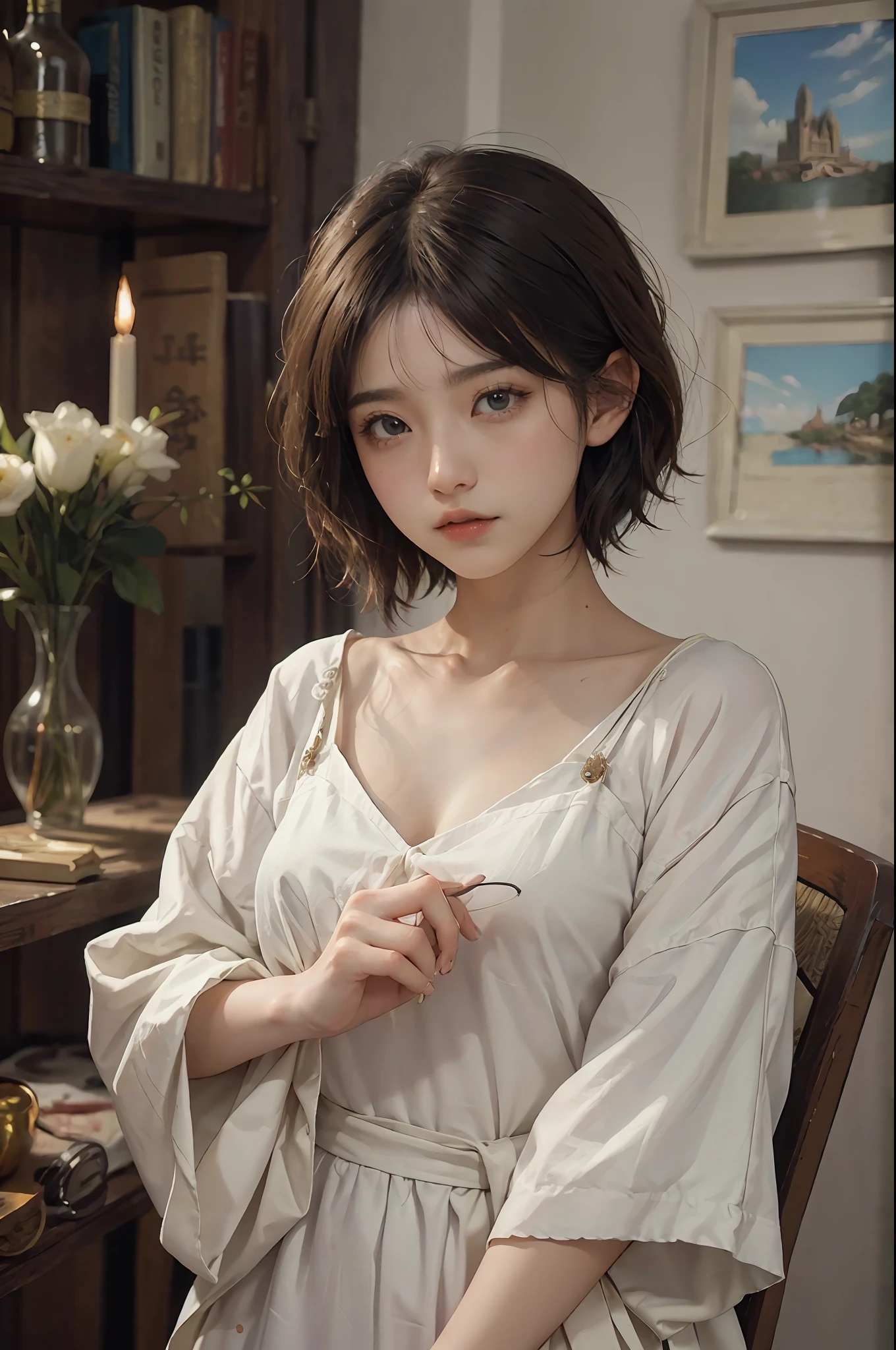 (RAW Photography、top-quality)、(realisitic、Photorealsitic:1.3)、top-quality、high-detail、masterpiece、ultra-detailliert、illustratio、1girl、((very_short_hair))、dynamic ungle、world masterpiece theater、((Regular_hairstyle))、top-quality、the Extremely Detailed CG Unity 8K Wallpapers、inky、magnifica、电影灯光、lens_flare、dunhuang_style、Beautiful brick wall、vases、Hotels in London