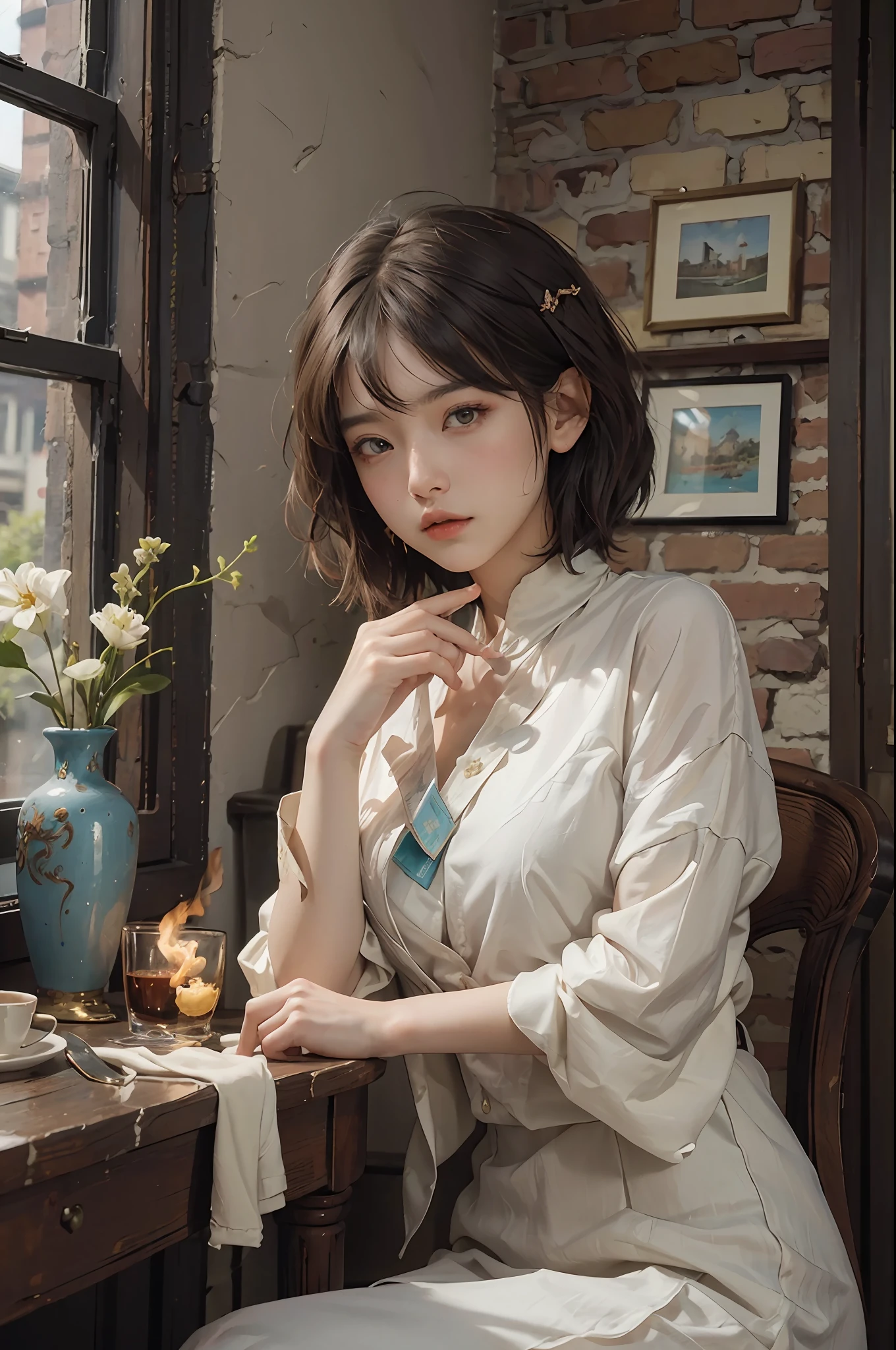 (RAW Photography、top-quality)、(realisitic、Photorealsitic:1.3)、top-quality、high-detail、masterpiece、ultra-detailliert、illustratio、1girl、((very_short_hair))、dynamic ungle、world masterpiece theater、((Regular_hairstyle))、top-quality、the Extremely Detailed CG Unity 8K Wallpapers、inky、magnifica、电影灯光、lens_flare、dunhuang_style、Beautiful brick wall、vases、Hotels in London
