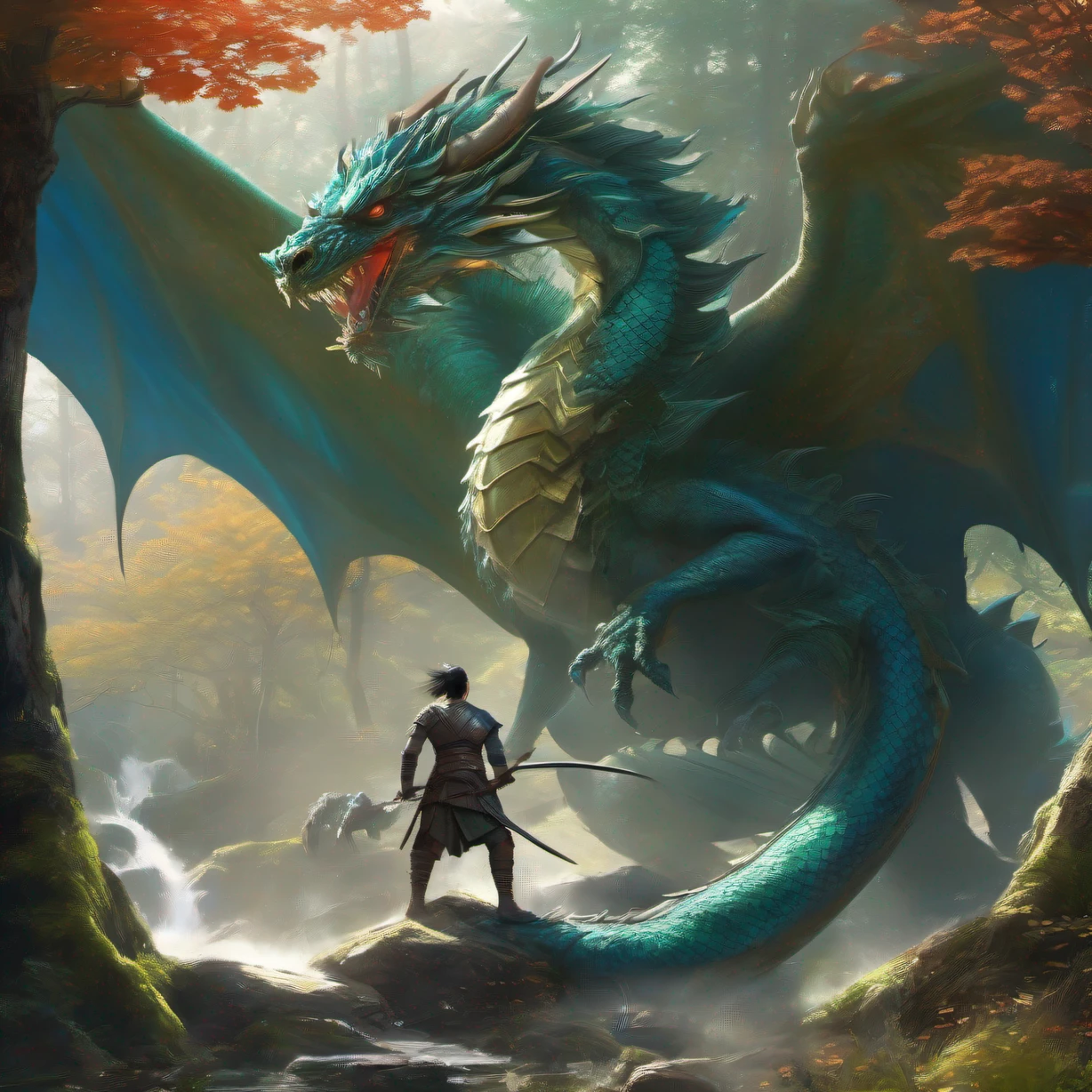 ，masterpiece, best quality，8k, ultra highres，Reallightandshadow，In a mysterious ancient forest，The sun shines through the dense foliage with dappled light and shadow。A young brave man stands by a stream deep in the forest，He wears sturdy armor，holding a longsword。sudden，A gust of wind swept up，A huge dragon appeared in front of him。This dragon has turquoise scales，Dragon wings are like clouds in the blue sky，Long tails streaked through the air，Appears mighty and mysterious。The brave gripped the sword tightly，Fight the dragon，He nimbly dodged the onslaught of the dragon，From time to time, he swung his sword and stabbed at the dragon's point。A fierce battle between the two unfolds in this primeval forest，The surrounding trees were shaken by the shaking energy fluctuations。