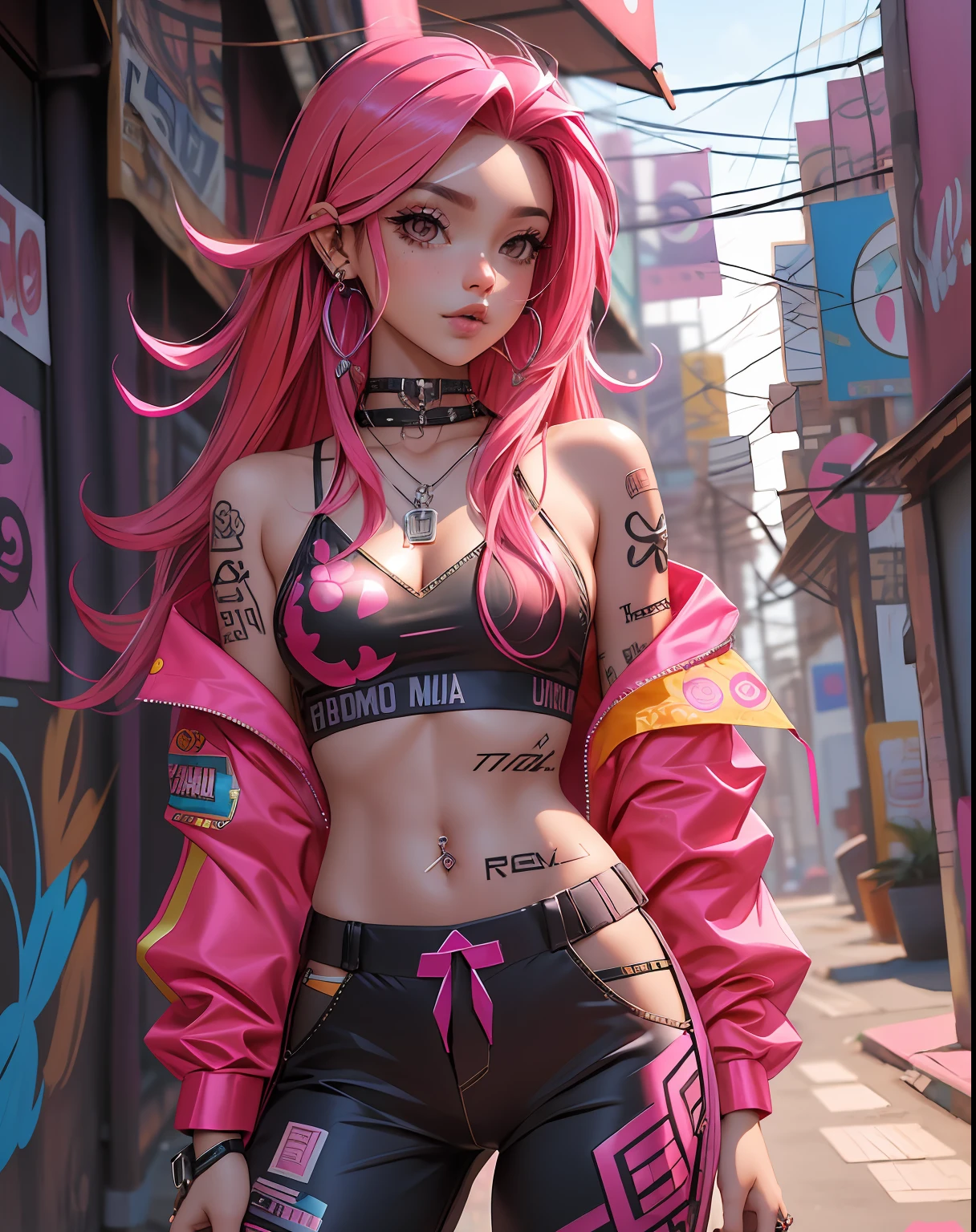 melhor qualidade, cyber sttyle girl, 1girl, solo, long and messy pink hair, tatuagem tribal, baggy pants, fundo desfocado,