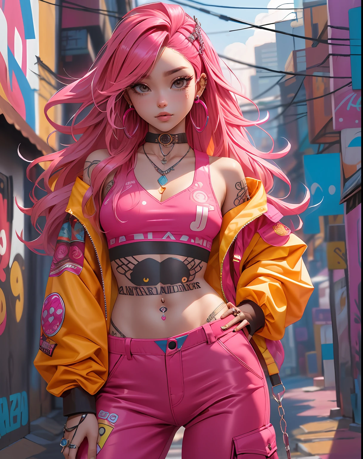 melhor qualidade, cyber sttyle girl, 1girl, solo, long and messy pink hair, tatuagem  tribal, baggy pants, fundo desfocado,