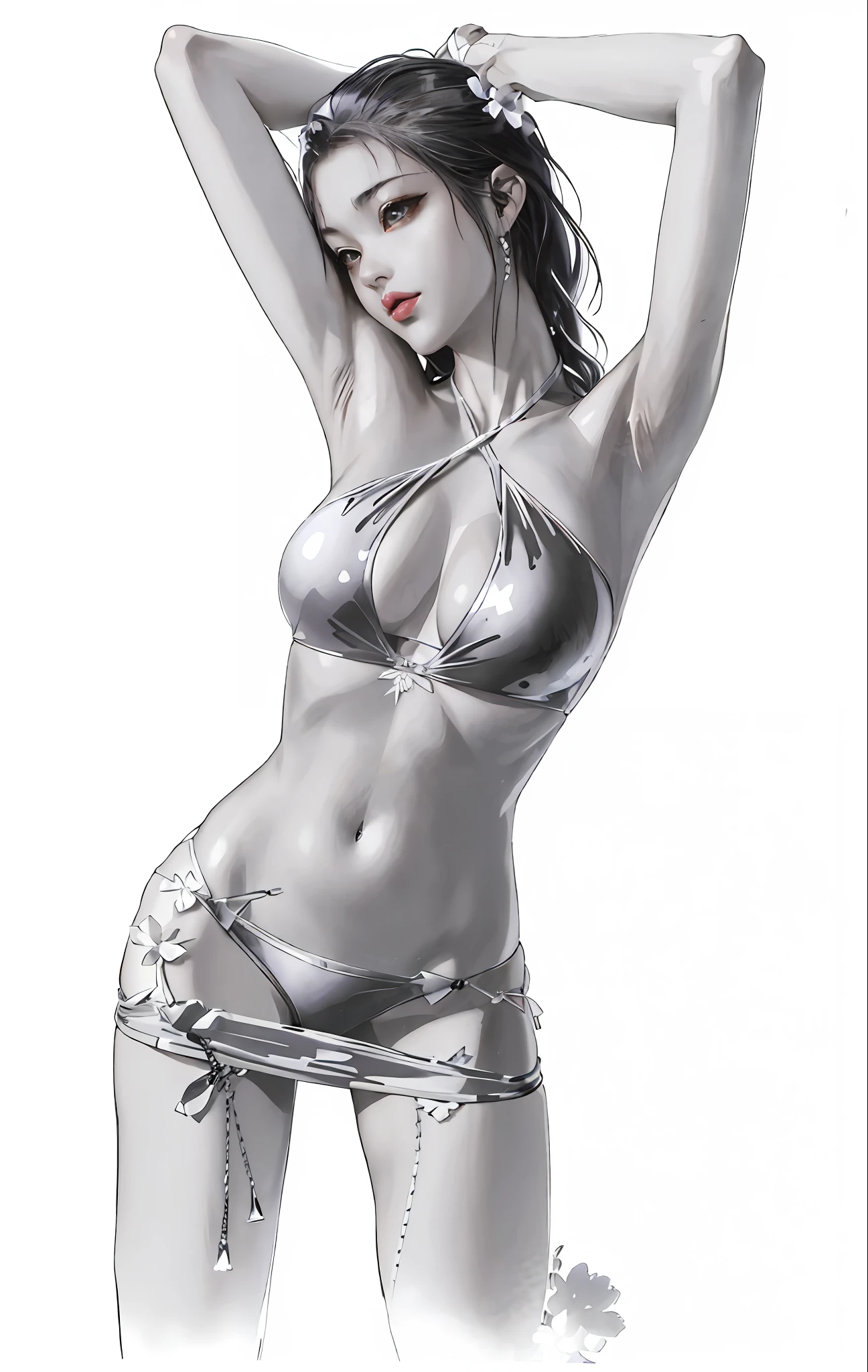 Anime Paintings，A woman wearing a bikini top and panties, hajime sorayama designed girl, hajime sorayama style, Inspired by Mount Hajim, style of hajime sorayama, Metal bikini, pinup body, author：hajime sorayama, White silver bikini, pinup art, realistic shadow perfect body, sorayama