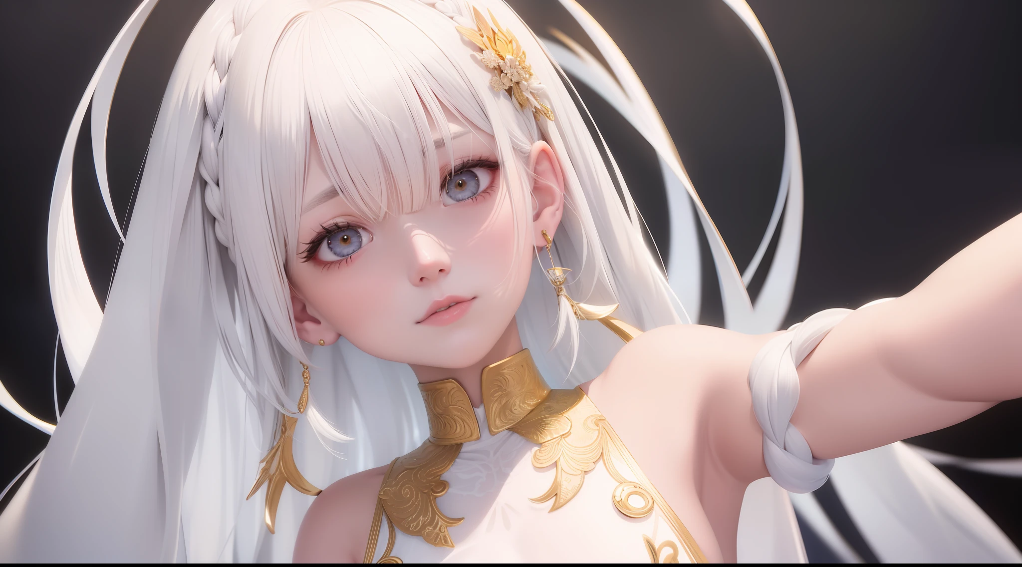 best quality, masterpiece,white hair, gold eyes,white clothes, looking up, upper body,hair strand,Fair skin,side braids