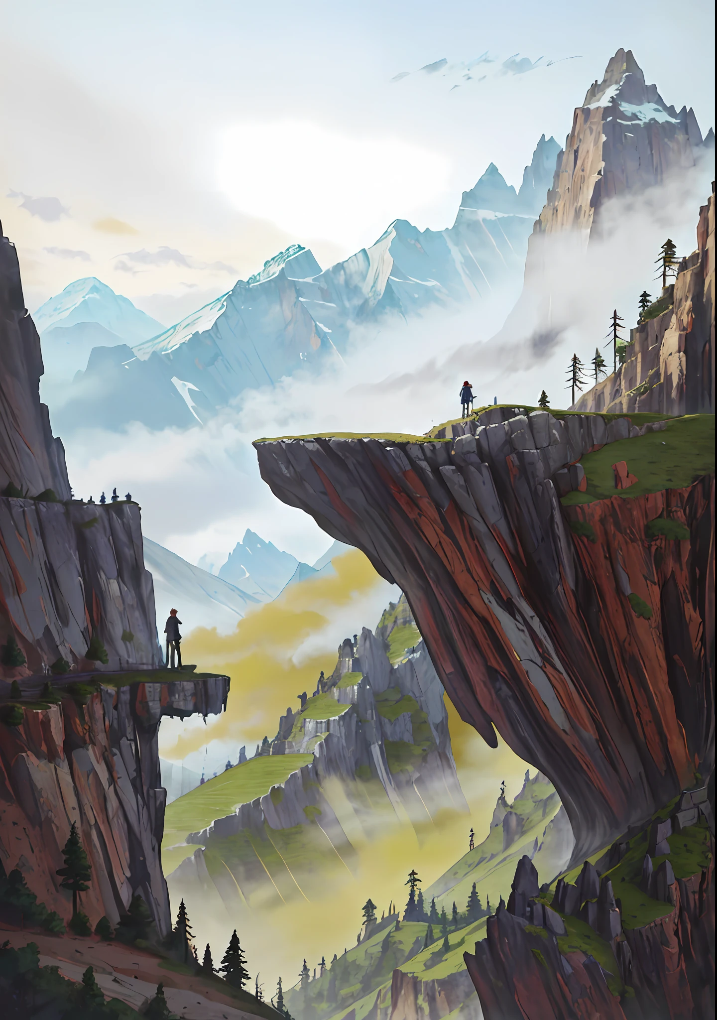 There is a painting，A man standing on a cliff, mountainside, cliffside, mountain scene, arte de fundo, Cliff side, low details. Digital painting, painted as a game concept art, mountainous background, Mountain background, scenery game concept art, detailed trees and cliffs, Detailed scenery —width 672, Anime landscape, background mountains, avatar landscape