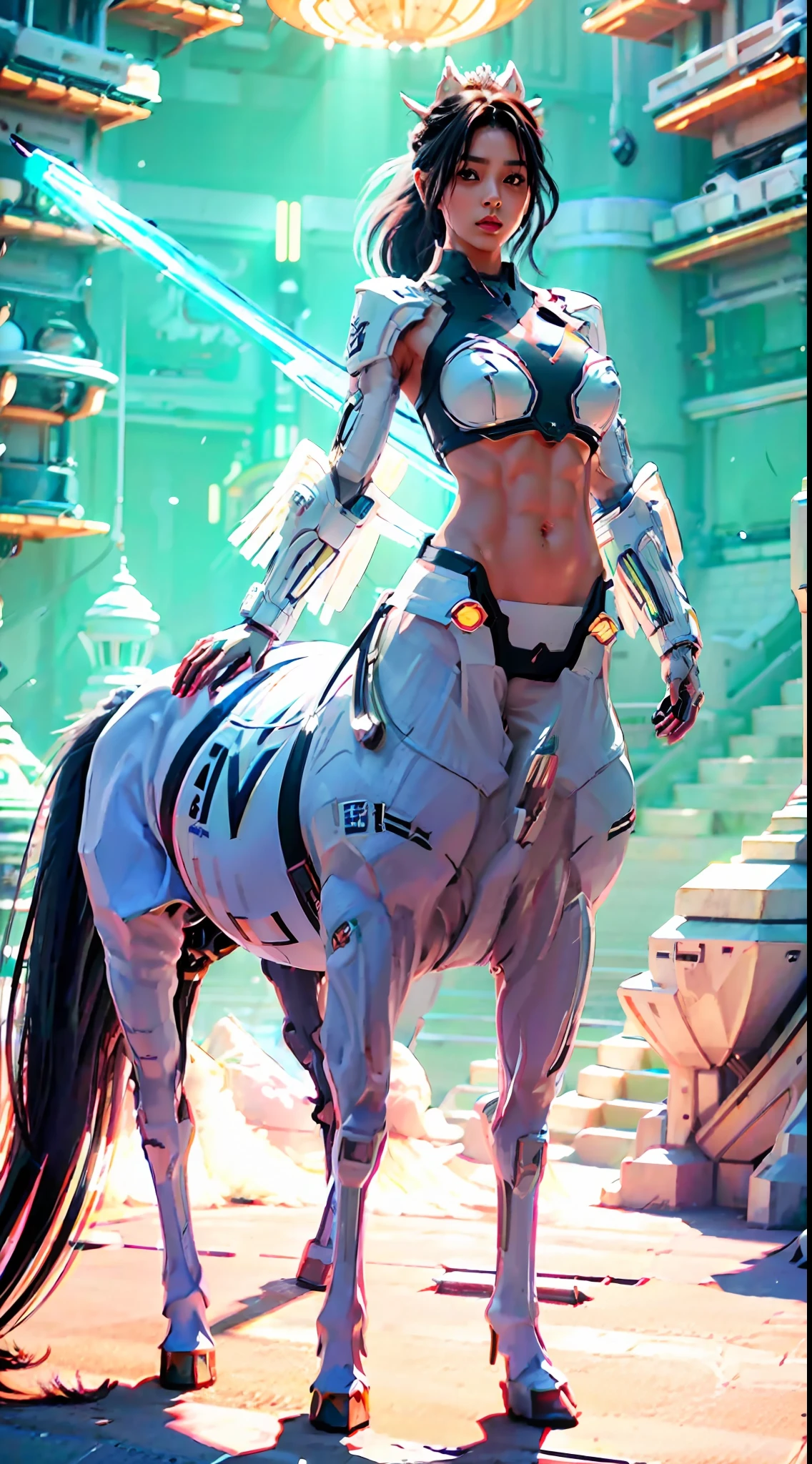 A female centaur,She is famous in the multiverse,She is both a female centaur, half human, half horse, half horse,It is also a heroic move,Her image fuses the head, neck and shoulders parts into a beautiful female human upper body, a female centaur, half human, half horse, half human,and female centaurs for female bodyization,This chimerization is based on powerful futuristic technology。The ultra-wide-angle lens captures the beautiful and ethereal image of her light wings on the ionosphere and making jumps。Her front half is a tall, sexy body with obvious feminine characteristics,Has K cup teardrop-shaped giant tit chest,The half-horse of the hind body is embedded in the front half of the body, the back and hip position,The half-horse torso form of the back half of the body is completely female and humanized,A sexy bent dog-style shaped ribcage is embedded from the upper end of the sternum transversely,Then there are the waist and abdomen hips of sexy beauties,The half-horse part of the fully feminized back half of the body,Mechanize the anti-joints and feet in the shape of the hind leg horse's knee and personify these parts,Make the legs graceful and slender,She has four slender legs like a supermodel,Under the legs are the feet of humans wearing skyscraper heels,Use Midjourney's advanced stroke tools and color palettes, as well as texture packs, model packs, and texture tools,Concentration,All of her with equine physiology organs are feminized,And give the part an ergonomic appearance,Treat the details of the back body, chest, abdominal cavity and hips and legs,Tighten the thoracic and abdominal contours of the back half of the body,Add anthropomorphic mechanical elements to non-ergonomic parts,Give her a sexy human look of harmony and unity,Enhance the sense of future technology。Plated her mechanical wings with a glow unique to space,The halo crown on her head casts a neon light casting a rainbow,Let her be majestic,Use Midjourney's advanced stroke and texture too