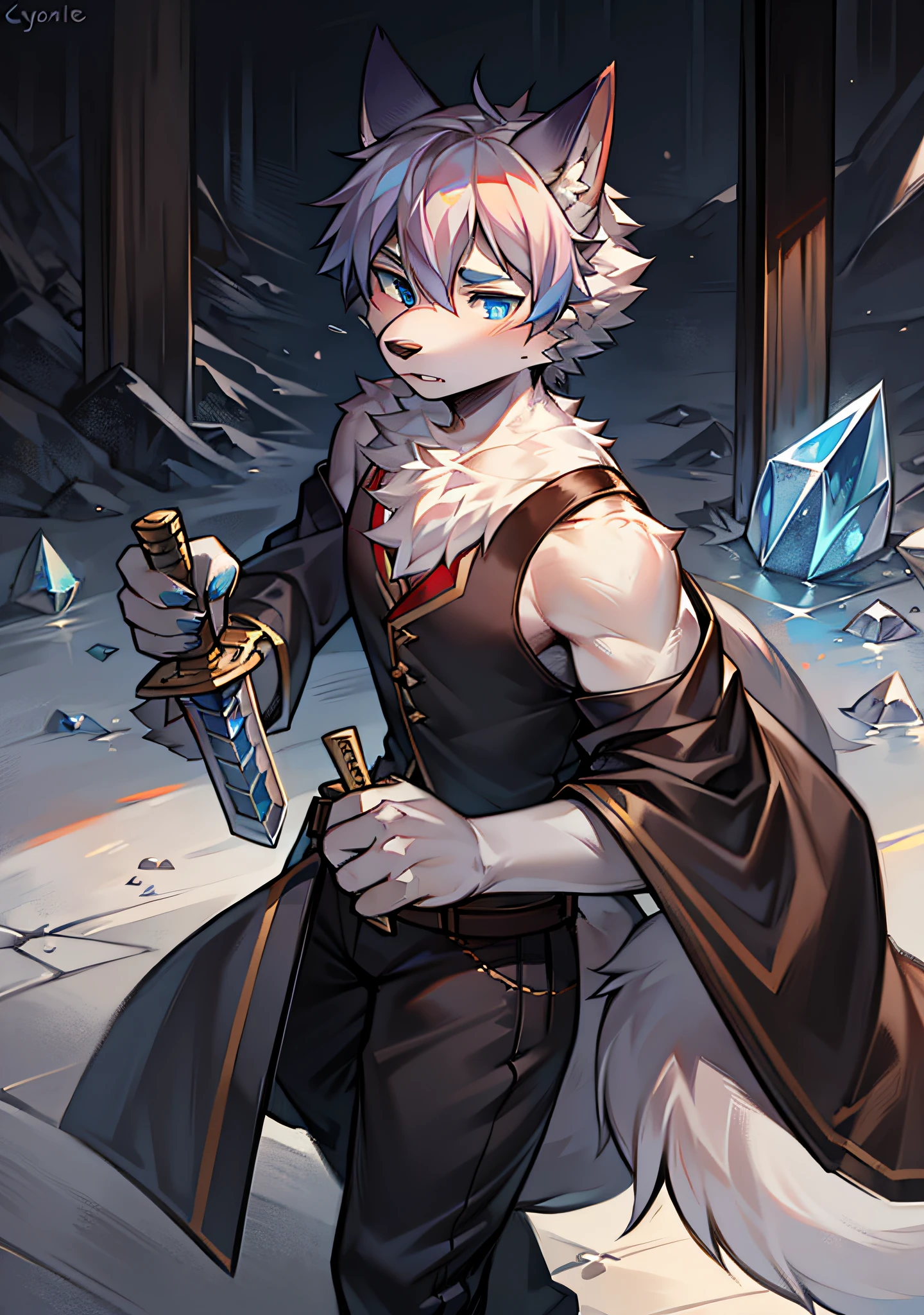 Furry,Wolf Boy,White fur,crystal blue eyes,Single fluffy tail,greyt hair,short detailed hair,masculine features,Sword in hand,cavalier