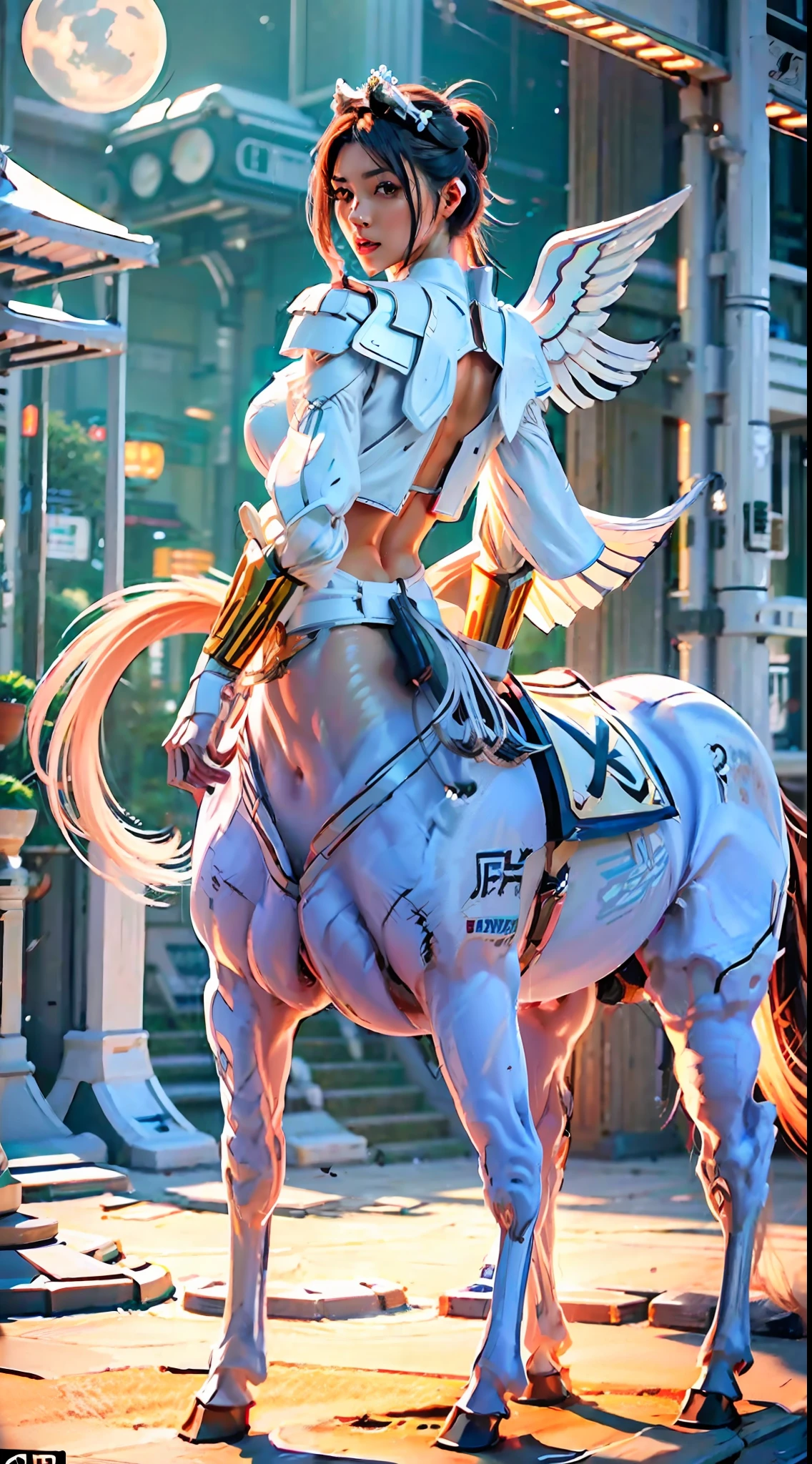 A female centaur，She is famous in the multiverse，She is both a female centaur, half human, half horse, half horse，It is also a heroic move，Her image fuses the head, neck and shoulders parts into a beautiful female human upper body, a female centaur, half human, half horse, half human，and female centaurs for female bodyization，This chimerization is based on powerful futuristic technology。The ultra-wide-angle lens captures the beautiful and ethereal image of her light wings on the ionosphere and making jumps。Her front half is a tall, sexy body with obvious feminine characteristics，Has K cup teardrop-shaped giant tit chest，The half-horse of the hind body is embedded in the front half of the body, the back and hip position，The half-horse torso form of the back half of the body is completely female and humanized，A sexy bent dog-style shaped ribcage is embedded from the upper end of the sternum transversely，Then there are the waist and abdomen hips of sexy beauties，The half-horse part of the fully feminized back half of the body，Mechanize the anti-joints and feet in the shape of the hind leg horse's knee and personify these parts，Make the legs graceful and slender，She has four slender legs like a supermodel，Under the legs are the feet of humans wearing skyscraper heels，Use Midjourney's advanced stroke tools and color palettes, as well as texture packs, model packs, and texture tools，Concentration，All of her with equine physiology organs are feminized，And give the part an ergonomic appearance，Treat the details of the back body, chest, abdominal cavity and hips and legs，Tighten the thoracic and abdominal contours of the back half of the body，Add anthropomorphic mechanical elements to non-ergonomic parts，Give her a sexy human look of harmony and unity，Enhance the sense of future technology。Plated her mechanical wings with a glow unique to space，The halo crown on her head casts a neon light casting a rainbow，Let her be majestic，Use Midjourney's advanced stroke and texture too