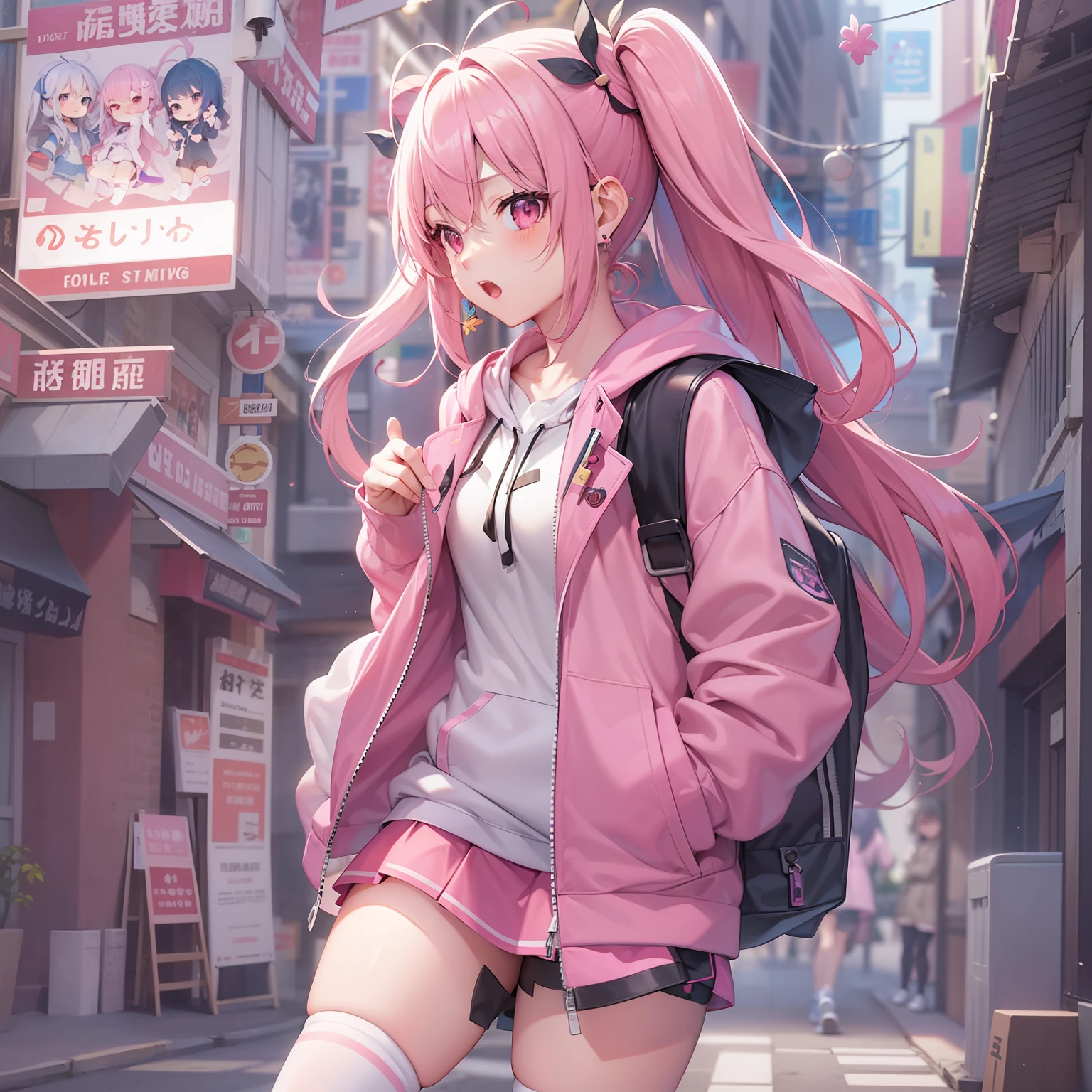 Anime style、1人、full body Esbian、show the grinps、{hairstyle on:(Pink hair)、(Longhaire),(Twin-tailed),(Antenna Hair)}、Pink eyes、pink hoodie、Four-leaf earrings、pink miniskirt、White High Socks、to stand、Pink sneakers、Front composition