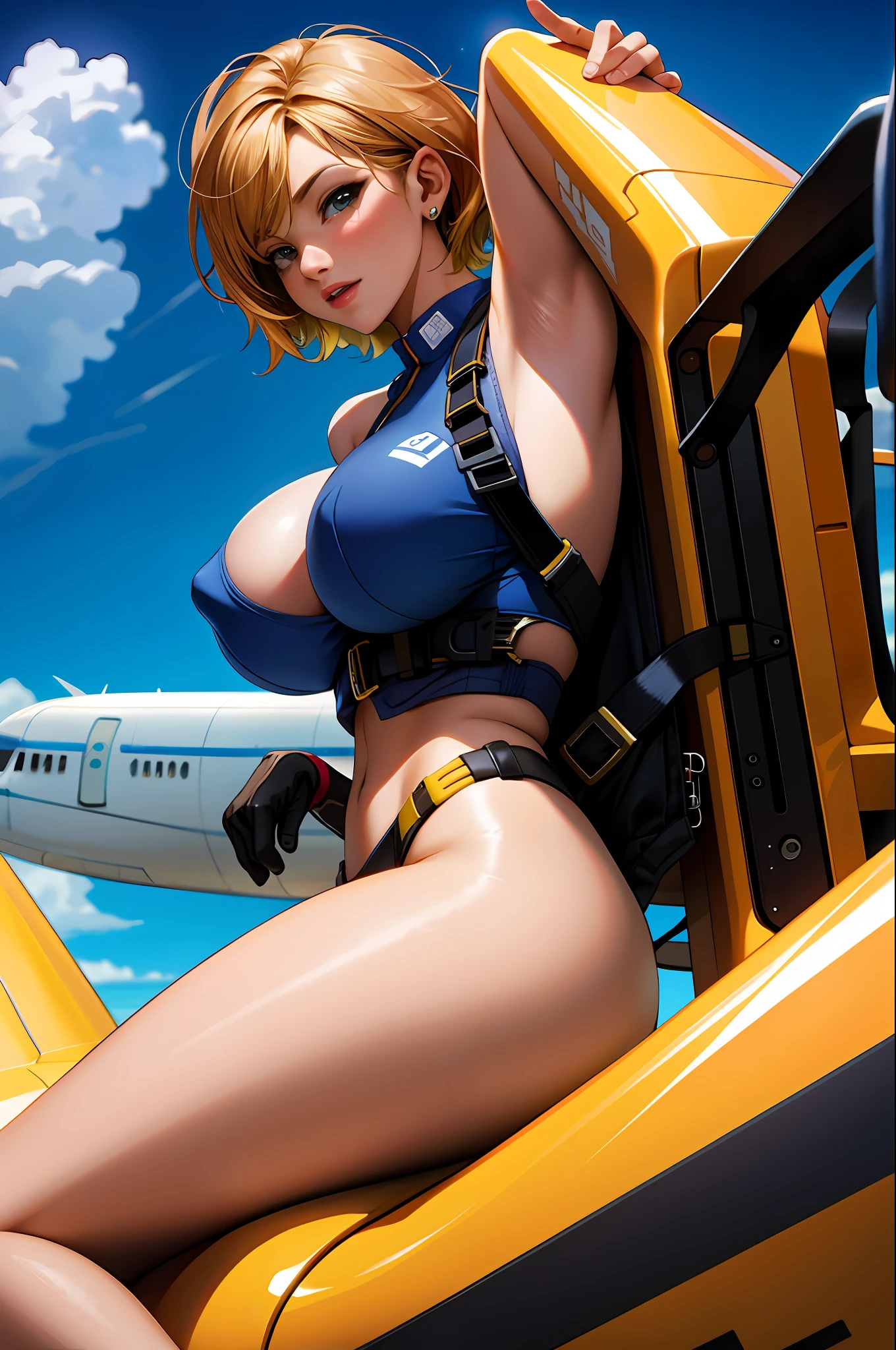 action sports，Skydiving，Planes，Sexy girl nipple，with short golden hair，huge tit，sensual lingerie