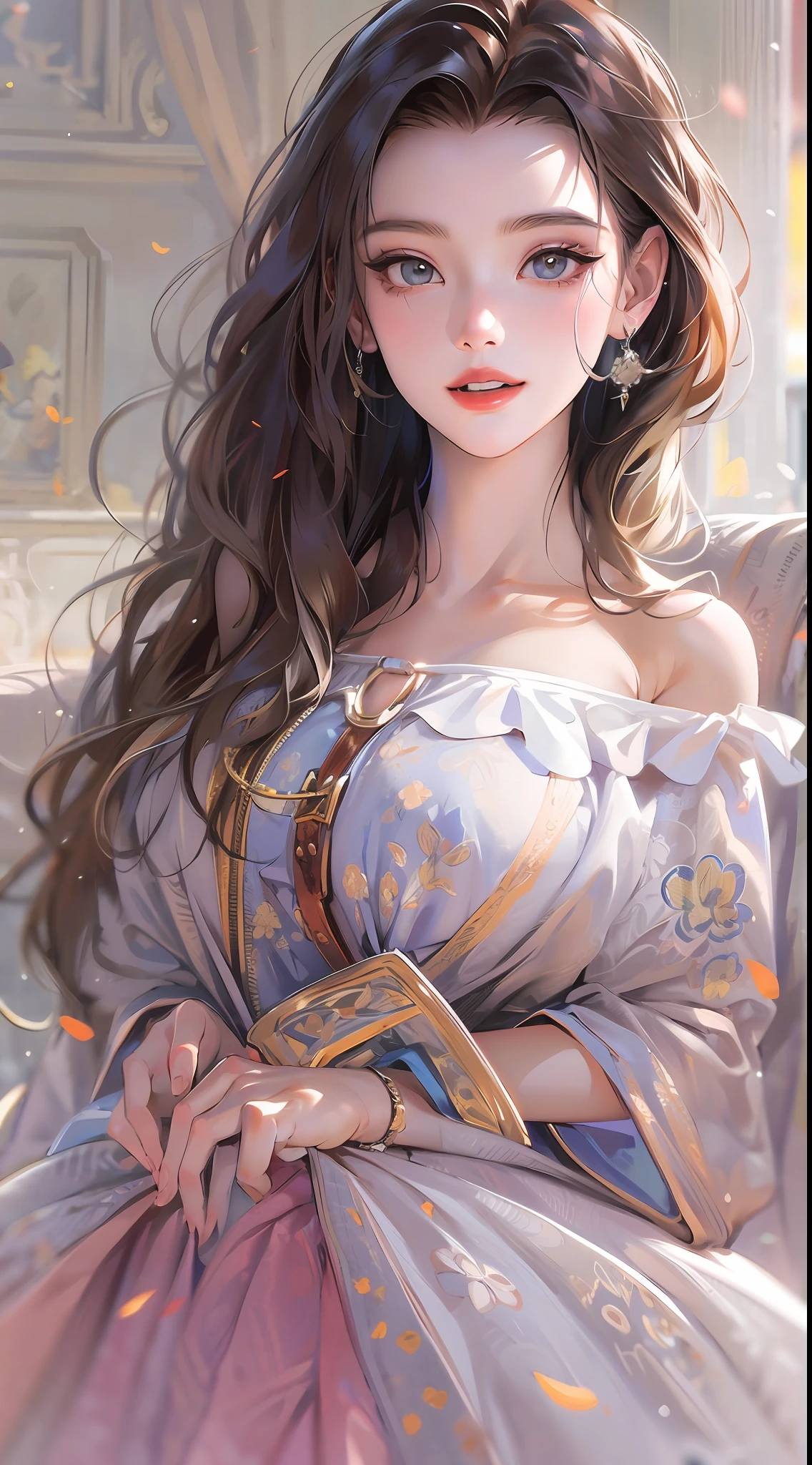 best quality, masterpiece, ultra high res, photorealistic, 1girl, offshoulder, smile